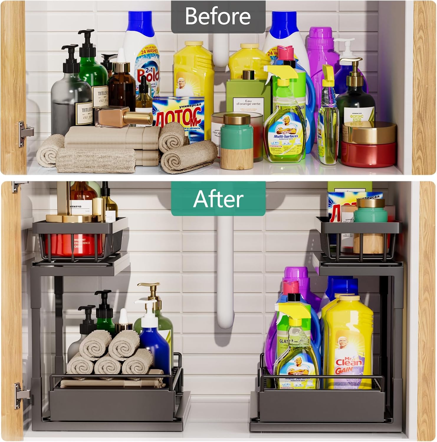 Under Sink Organizer,Metal 2 Tier Under Sink Organizers and Storage Basket,Slide out Under Cabinet Organizer Shelf,Multi-Purpose Pull Out Drawer Cabinet Organizer for Kitchen Bathroom Cabinet,Black
