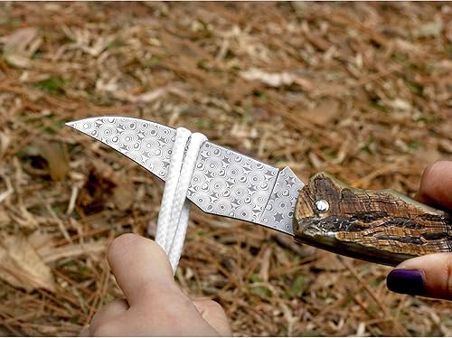 Miniatura 6 de YOUSUNLONG Navaja de bolsillo  Cuchillo plegable  Total 8.071 in  Hoja de acero de Damasco japonés  Mango de cuerno de antílope natural con funda de