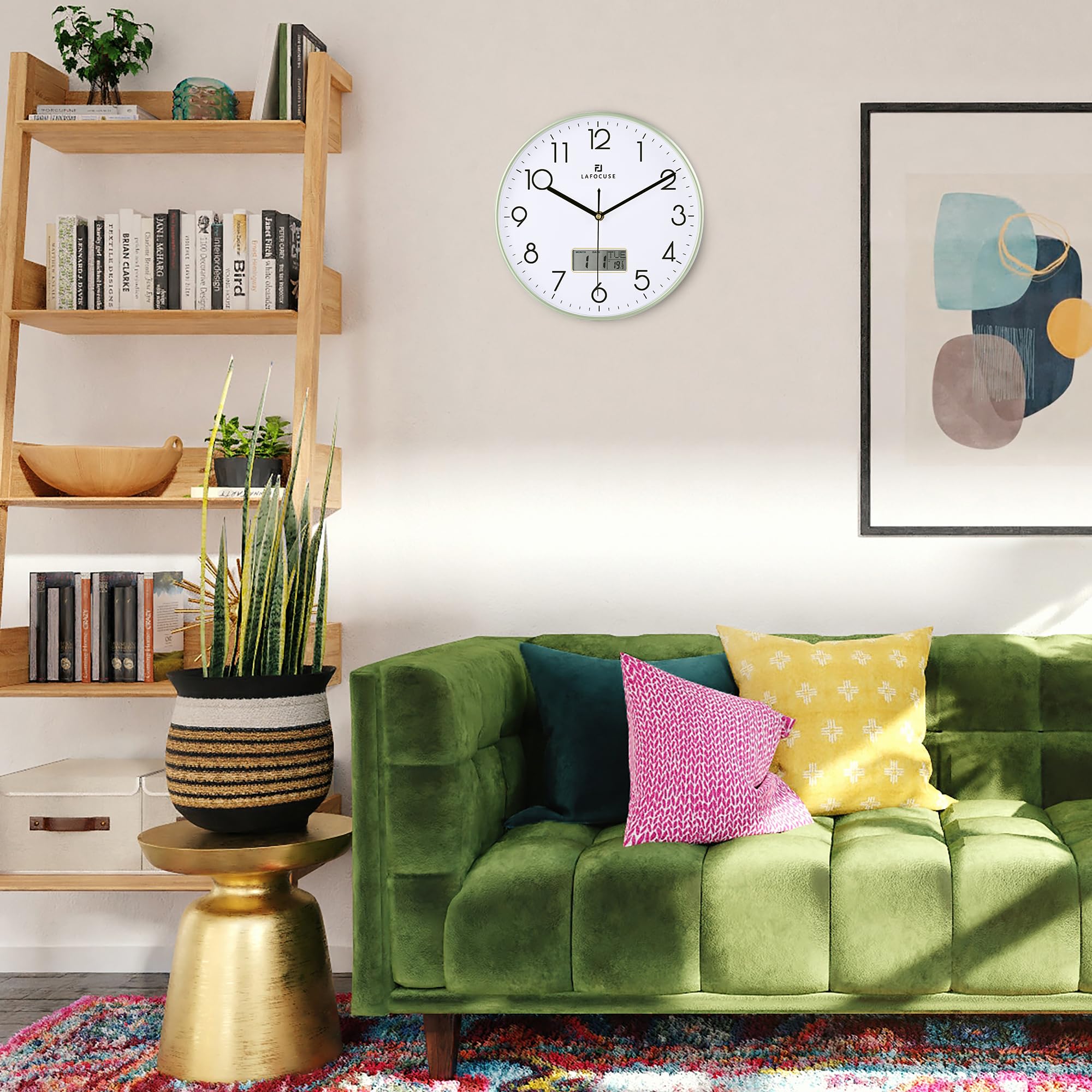 Lafocuse Stille wandklok met kalender, digitaal, LCD, moderne wandklok met datum, dag van de week en thermometer, zwart, analoog, kwartshorloge voor