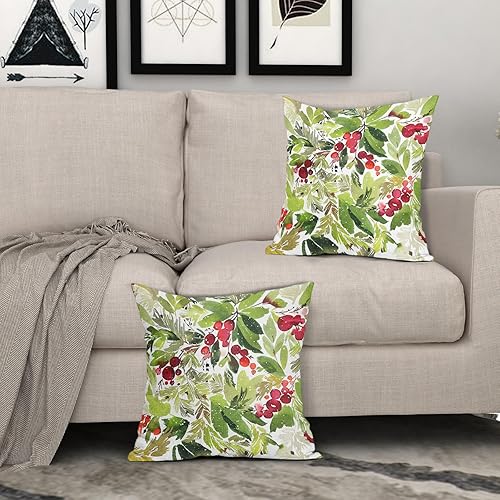 Miniatura 8 de Juego de 2 fundas de almohada de Navidad con acuarela de acebo de 16 x 16 pulgadas, con hojas verdes de temporada, bayas rojas, fundas de almohada