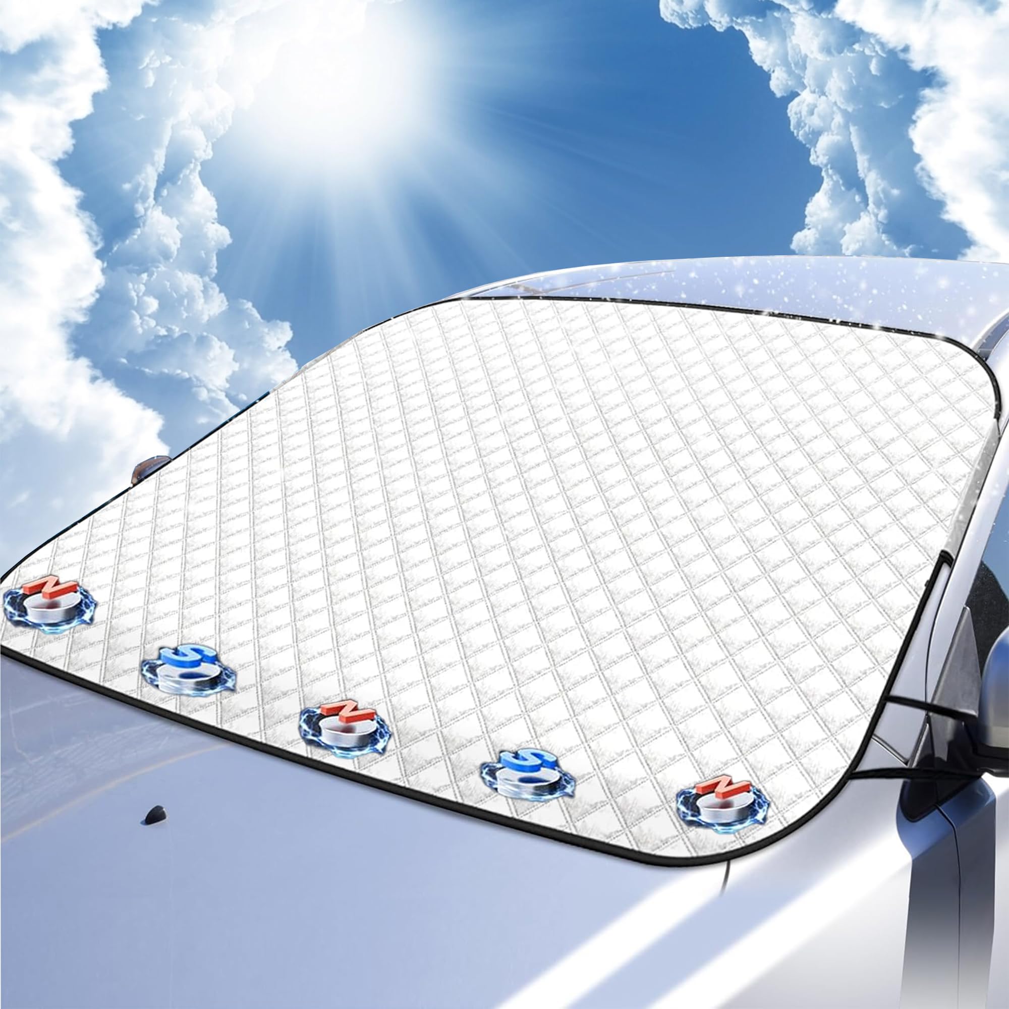 Yiichiy Protection Pare Brise Hiver, 4 Couches de Voiture Protege Pare Brise Givre, Couverture Pare Brise Voiture avec 5 Aimants, pour Voiture Anti Givre Neige Glace UV, Repliable 150 * 120cm