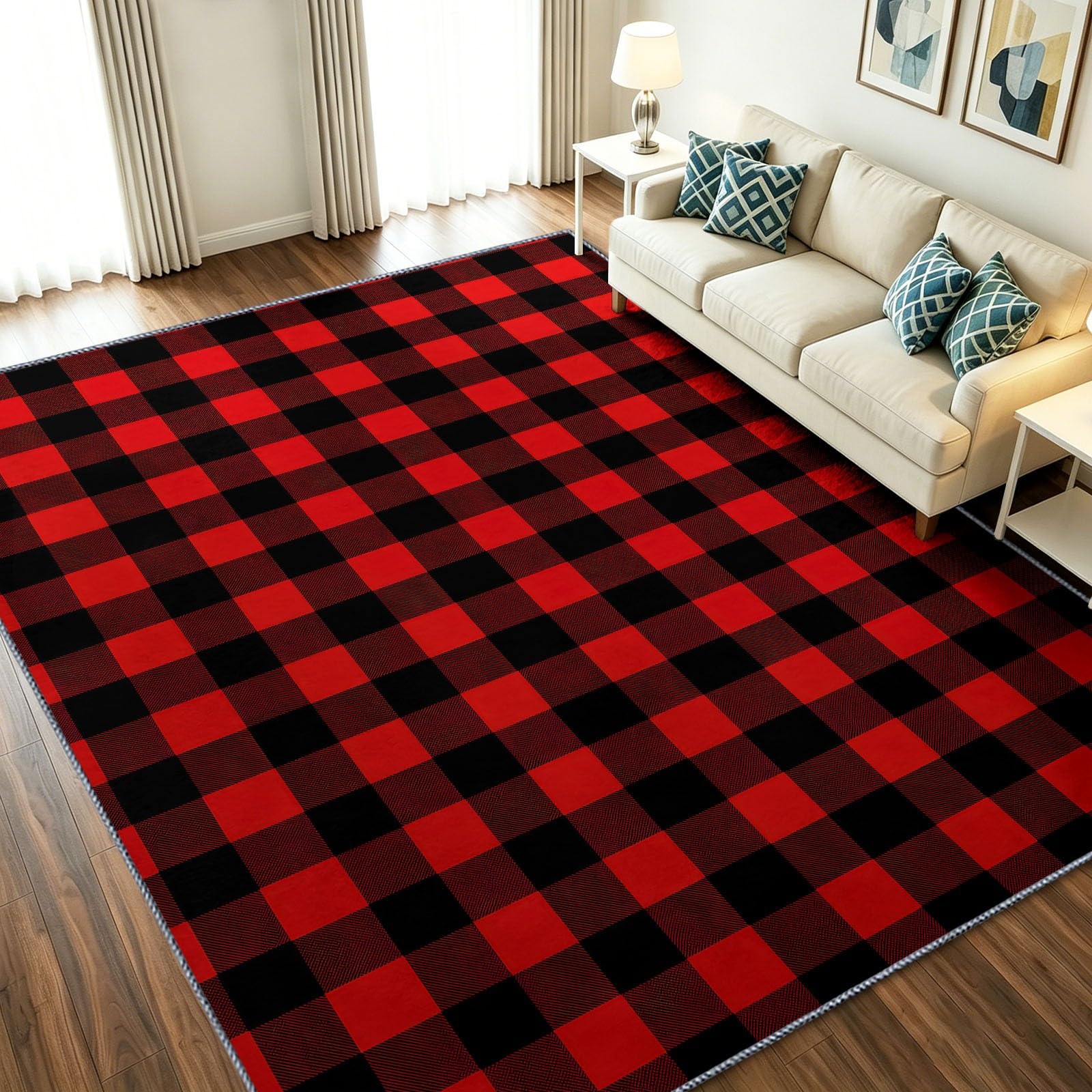 Tapis à carreaux moderne rouge et noir lavable 160x230 grand format