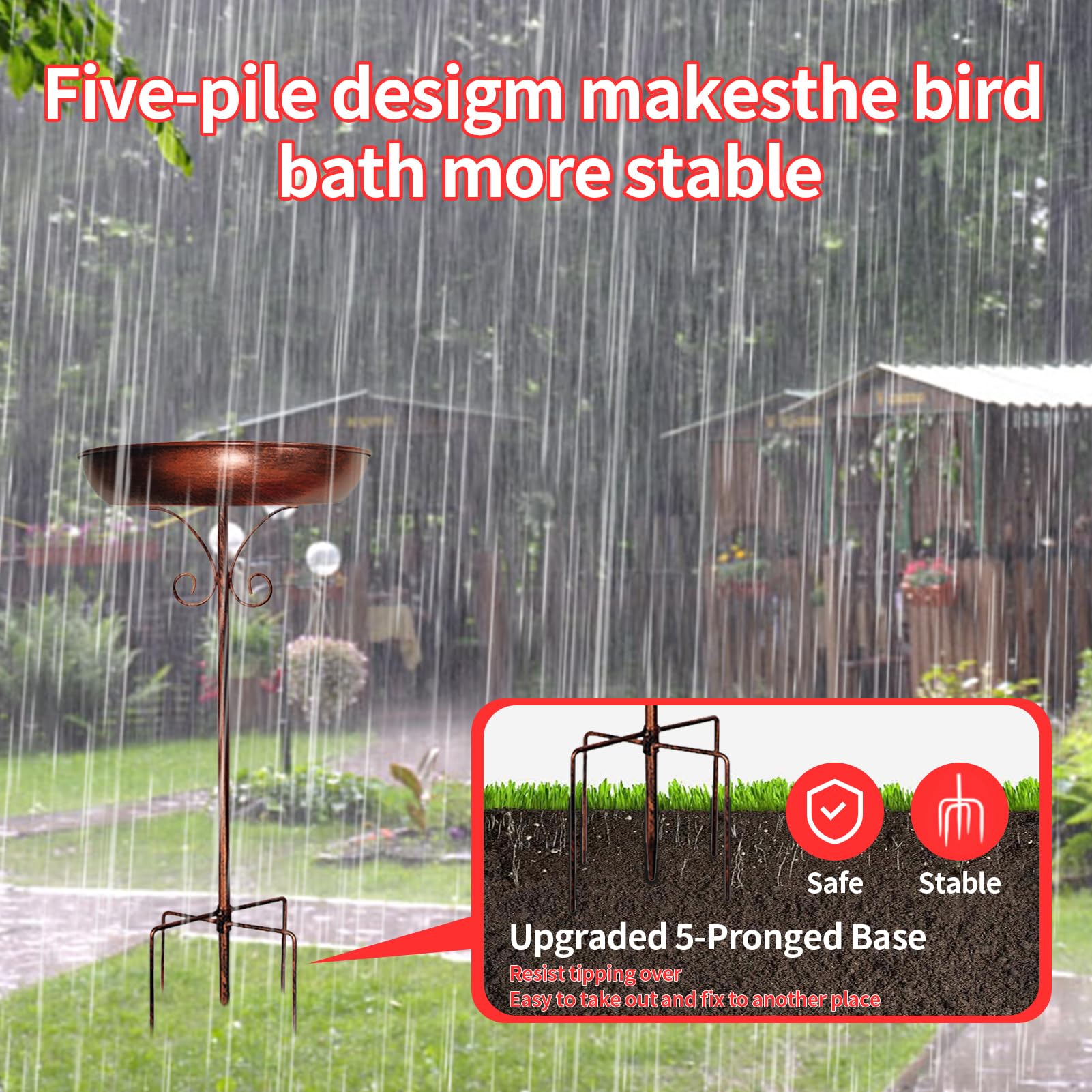 Restorgan Bird Bath for Garden, 32In Metal Vintage Freestanding Birdbaths & Supports, Upgraded 5-Pronged Base, Bird Baths Feeder Bowl for Outdoors Garden Patio Yard Lawn Decor — view 6
