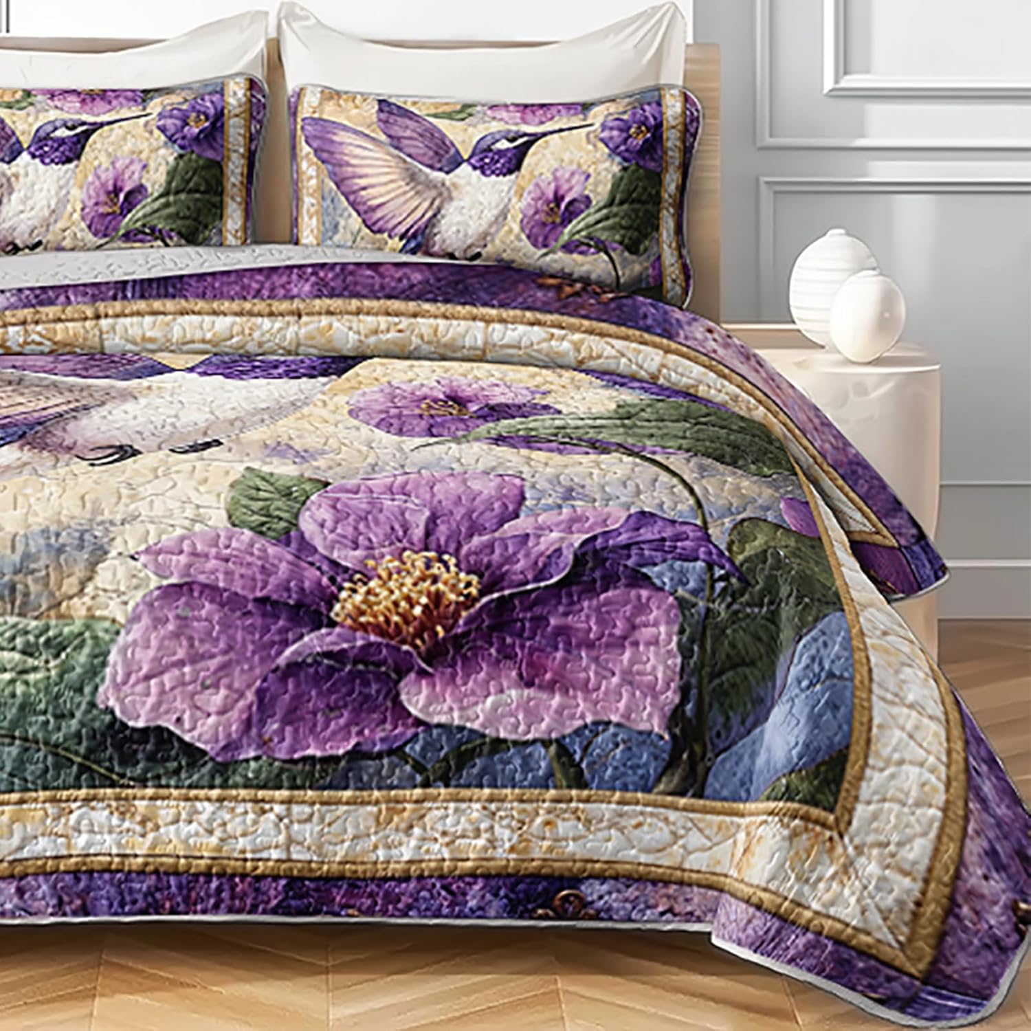 AILONEN Beautiful Hummingbird Bedding Quilt Set Queen Size - Purple Flower Bird Theme - 3Pcs Soft Lightweight Boho Bedspread Coverlet for Girls Women - (Quilt,2 Pillowcases)