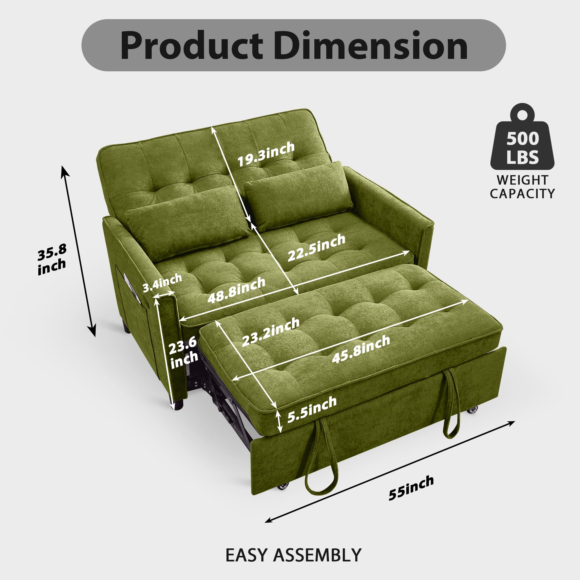 Product dimensions diagram for the convertible sofa bed
