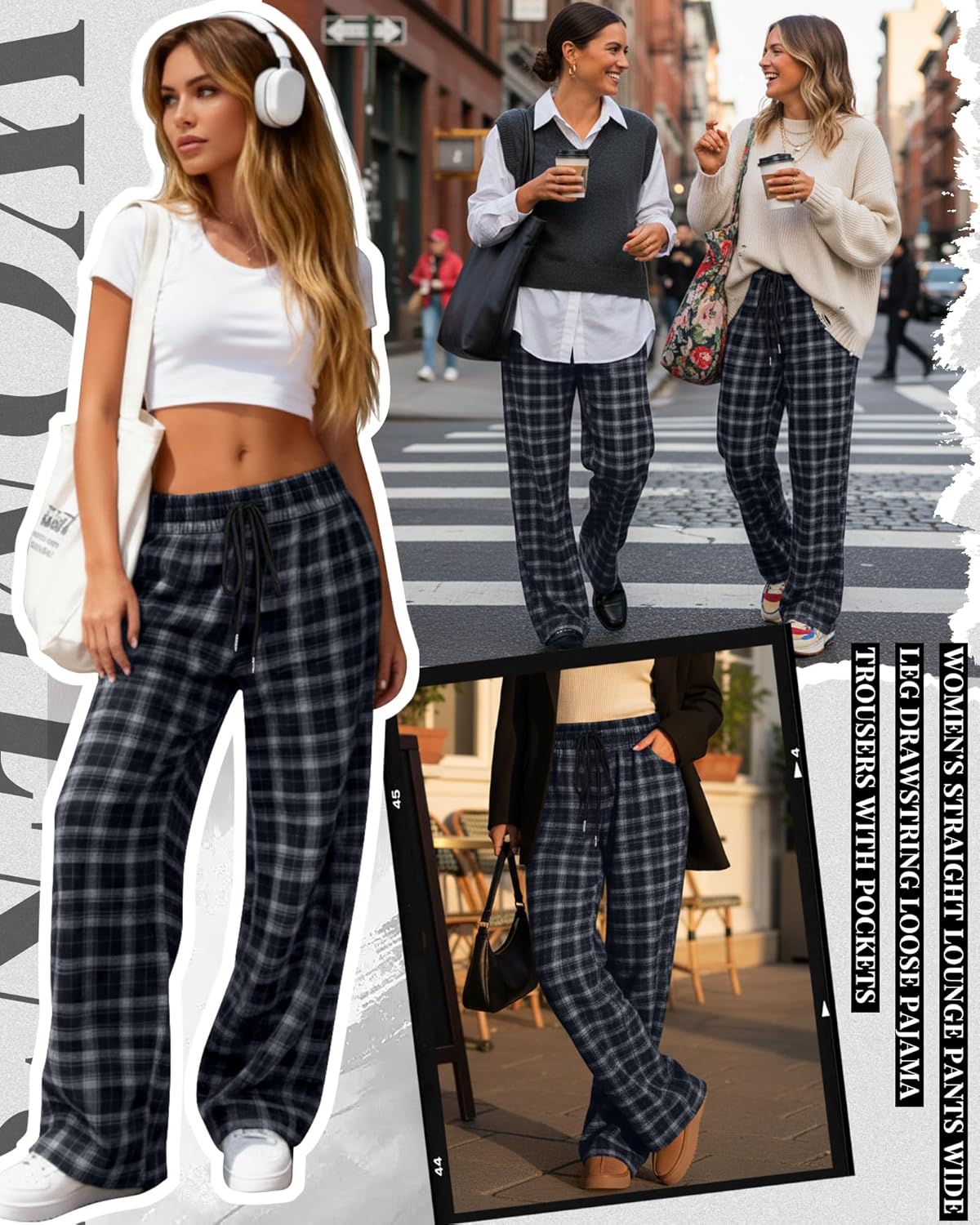 Women's Plaid Pants Gingham Lounge Pajama Pants Drawstring Loose Bottoms Wide Leg Trousers with Pockets - Image 4