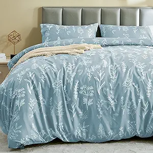 MUXHOMO Duvet Cover Queen Size, Reversible Floral Mineral Blue Duvet Cover Set with Zipper Closure, 3 Pieces Botanical Patterns Soft Microfiber Bedding Set with 4 Ties (90"x90", 2 Pillow Cases)
