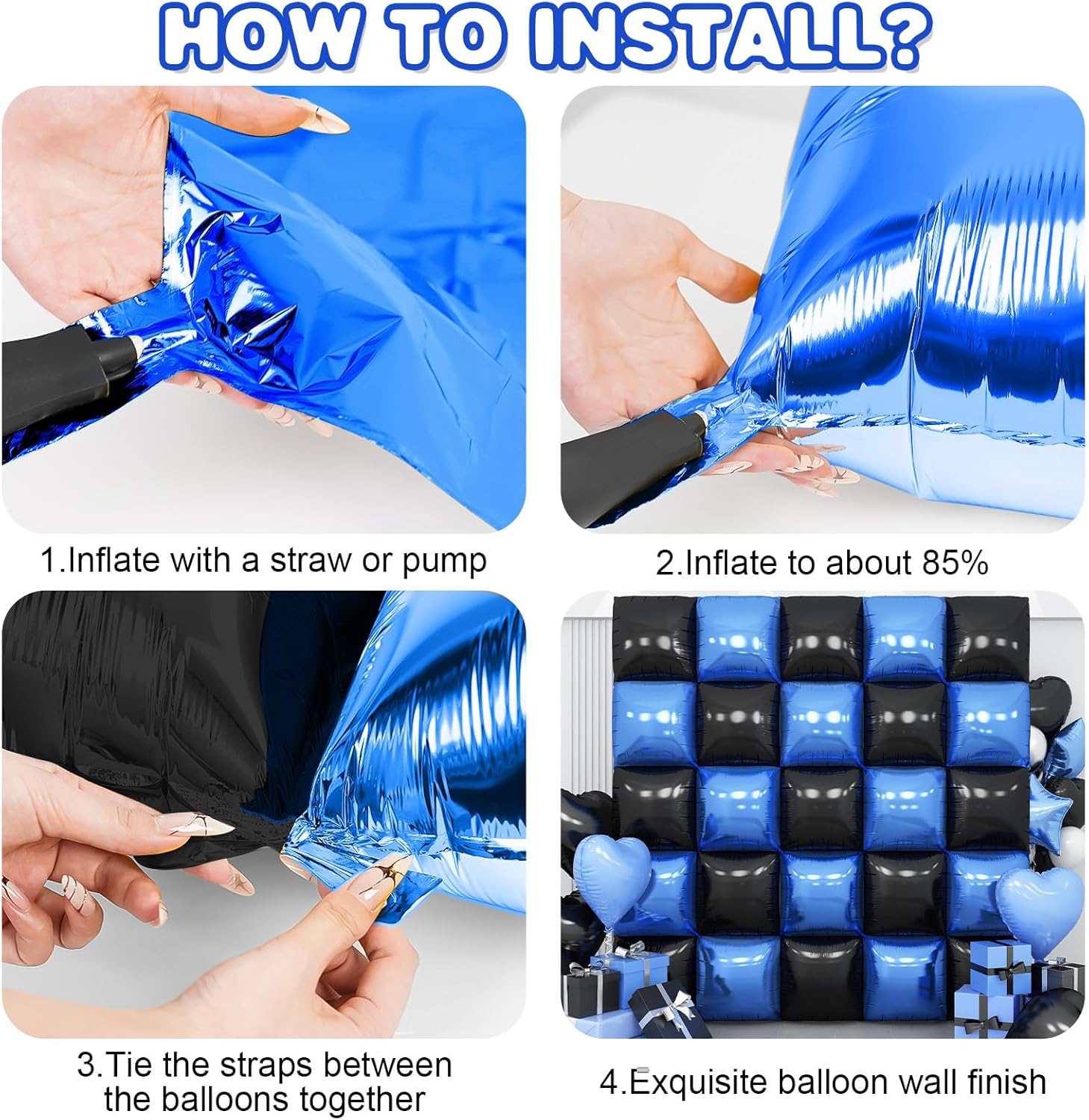 Black Blue Square Foil Balloon Wall,25Pcs Double Sided Balloon Backdrop Helium Mylar Balloon Tunnel Arch Garland Kit for Birthday Bridal Anniversary Baby Shower Party Decorations