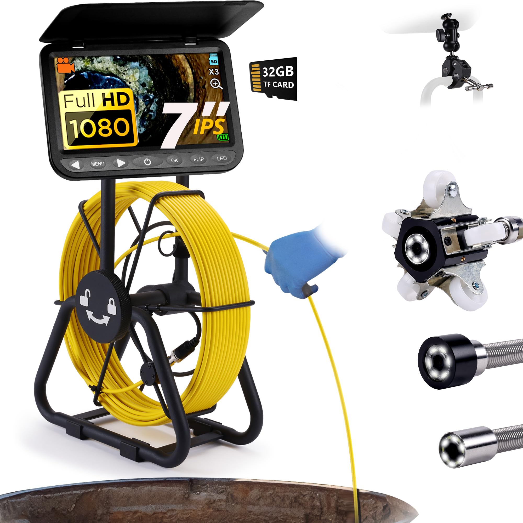𝟐𝟎𝟐𝟓 𝐍𝐞𝐰 7” Sewer Camera, HD 1080P w/DVR-32GB, [New 1s Twist-to-Unlock System] Plumbing Snake Pipe Inspection Camera, [Thicker Cable Reel]