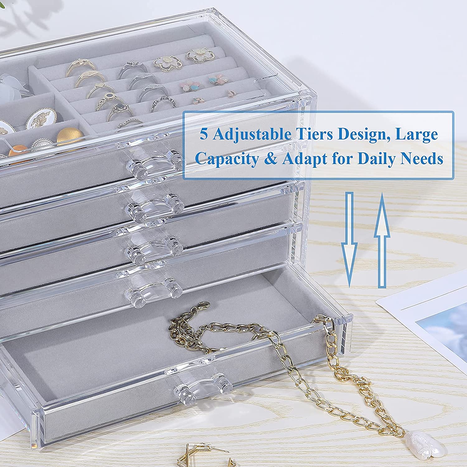 Snazzy 5 Drawers Acrylic Jewelry Organizer, Birthday and Back To School Season Gift, Women Large Clear Jewelry Box, Velvet Jewelry Display Holder for Earrings, Rings, Necklaces, Grey 1
