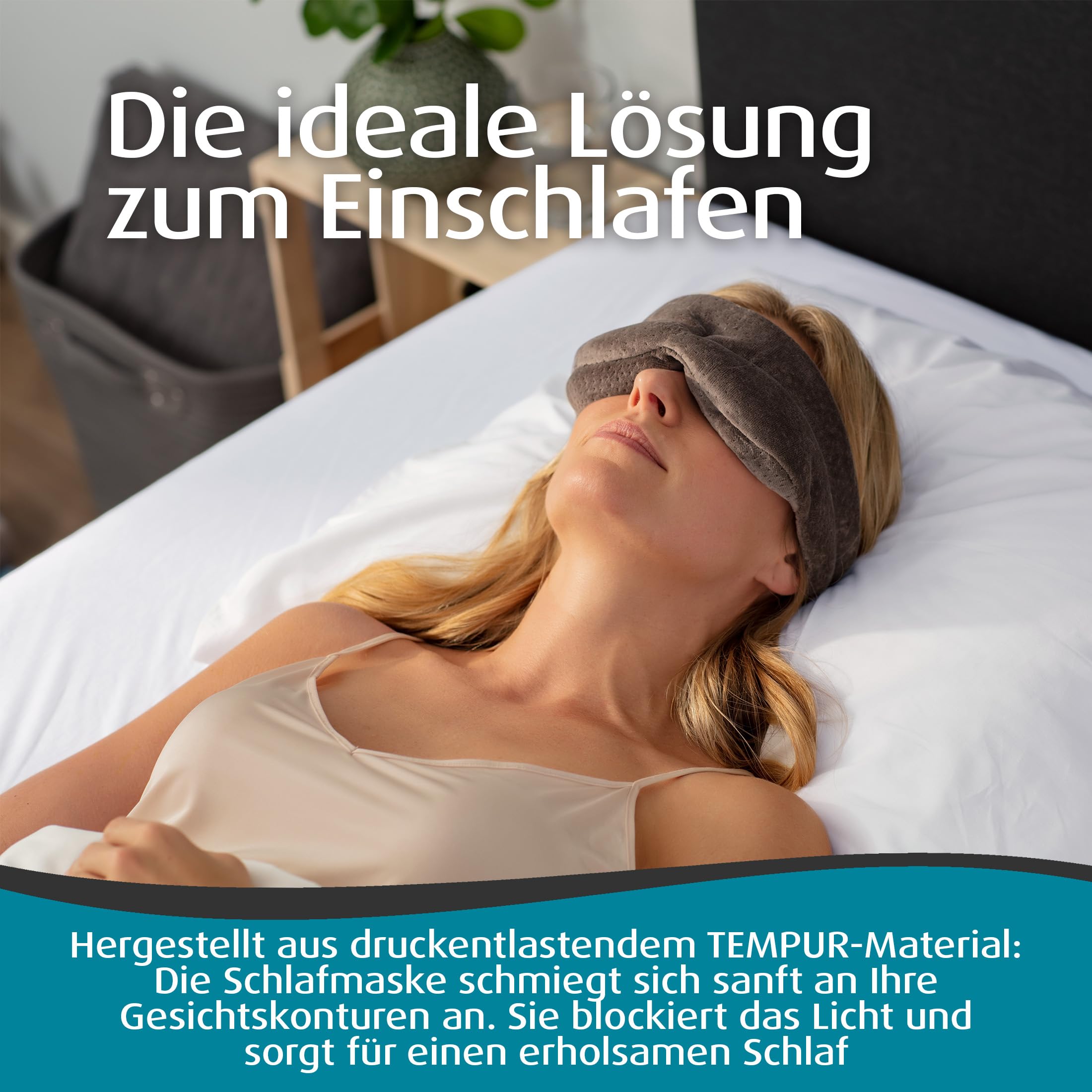 TEMPUR Schlafmaske für Damen und Herren, blickdichte verstellbare Schlafbrille für tiefe Entspannung, Grau