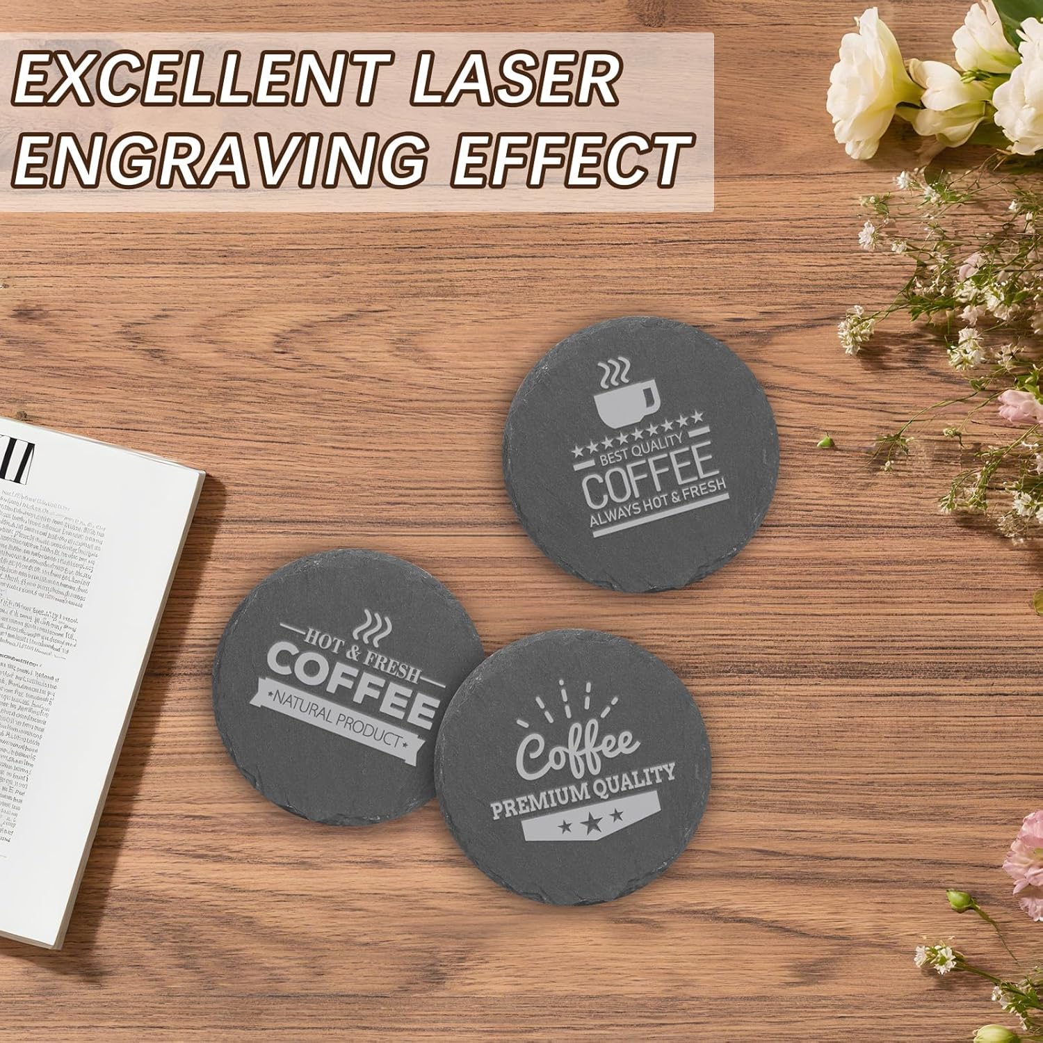 72 PCS Black Natural Slate Coasters Bulk Set 4 Inch Laser Engraving Blanks with Anti Scratch Bottoms for Home, Office, Bar, Gifts Round Coasters - Image 7