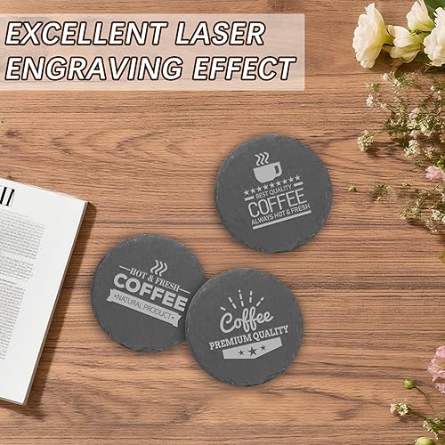 Miniatura 7 de Juego de 72 posavasos de pizarra natural negra a granel de 4 pulgadas con grabado láser en blanco con parte inferior antiarañazos para el hogar,