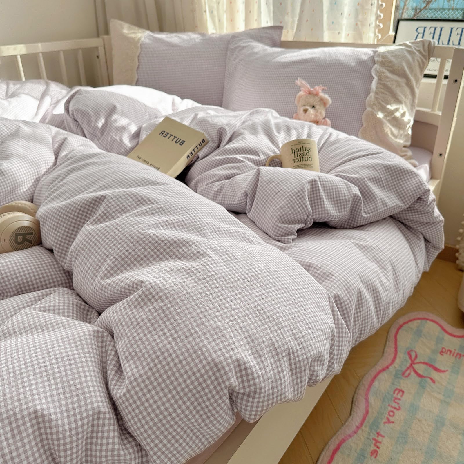 VM VOUGEMARKET Gingham Duvet Cover Twin Size Lavender White Plaid Checkered Comforter Cover with Zipper 3Pcs Soft Breathable Washed Microfiber Grid Farmhouse Bedding Set with White Lace