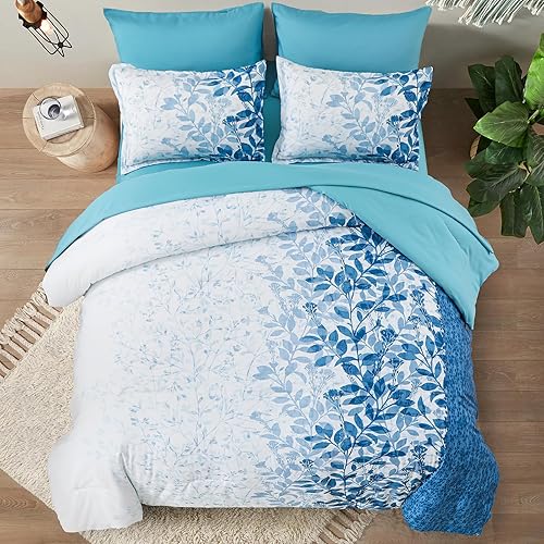 Miniatura 3 de Juego de edredón azul Queen con hojas botánicas en una bolsa, juego de edredón de 7 piezas con sábanas, juego de ropa de cama floral de microfibra