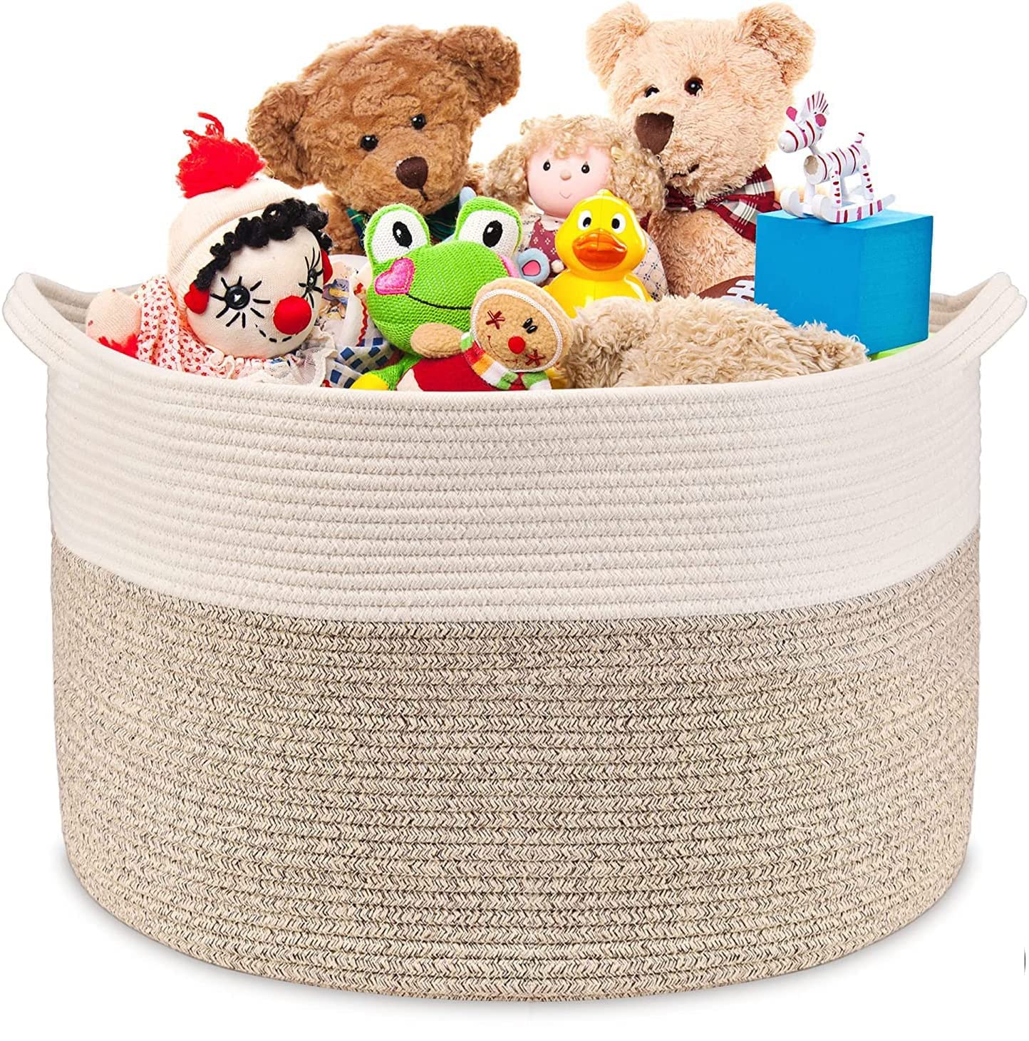 GGEROU Woven Cotton Rope Storage Basket with Handles,21.7" x 21.7" x 13.8" Storage Baskets,Baby Nursery Storage Basket,Woven Laundry Hamper Basket for Bedroom, Closet, Living Room (Brown)