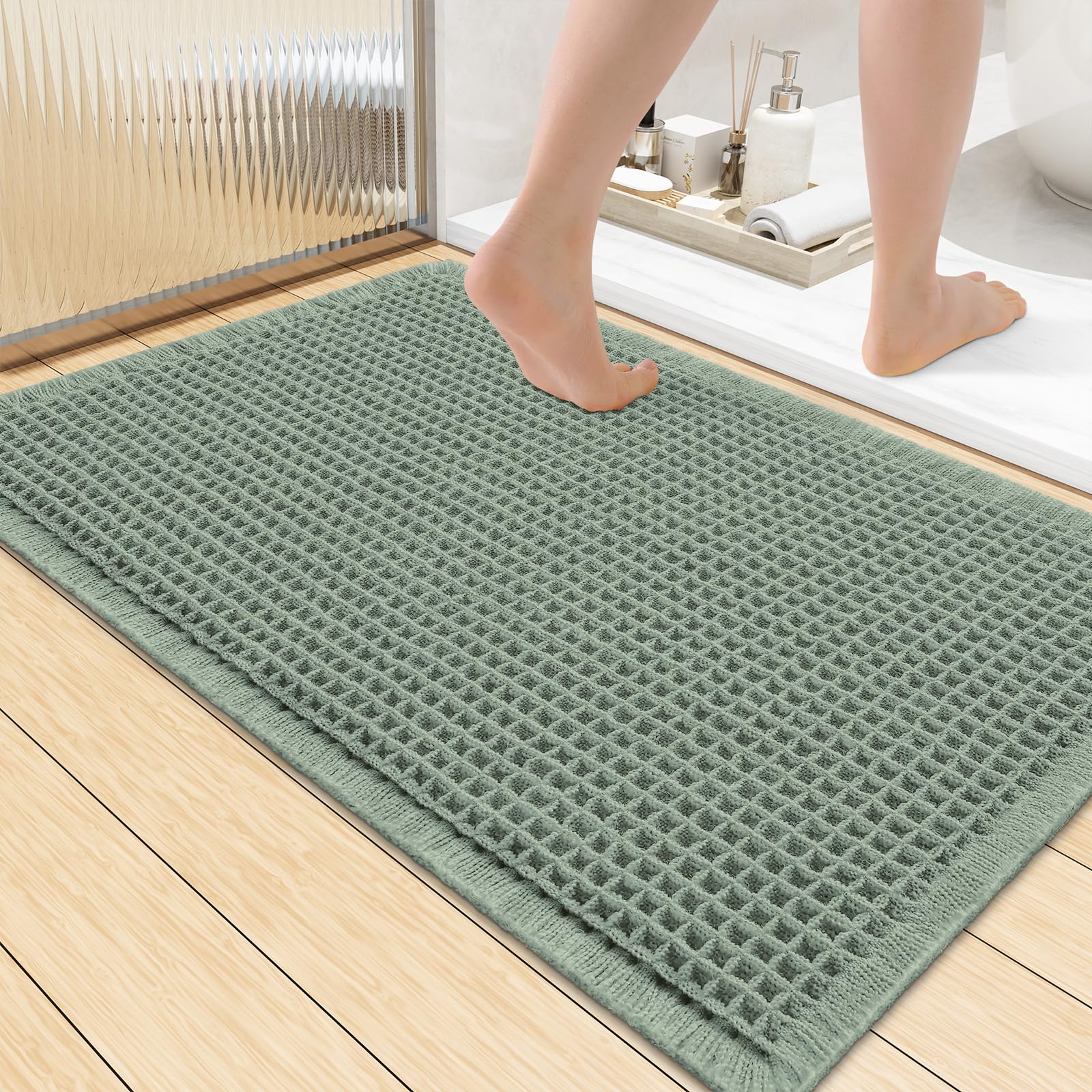 Smiry Waffle Bath Mat 36X24, Extra Soft Absorbent Bathroom Rugs, Sage Green