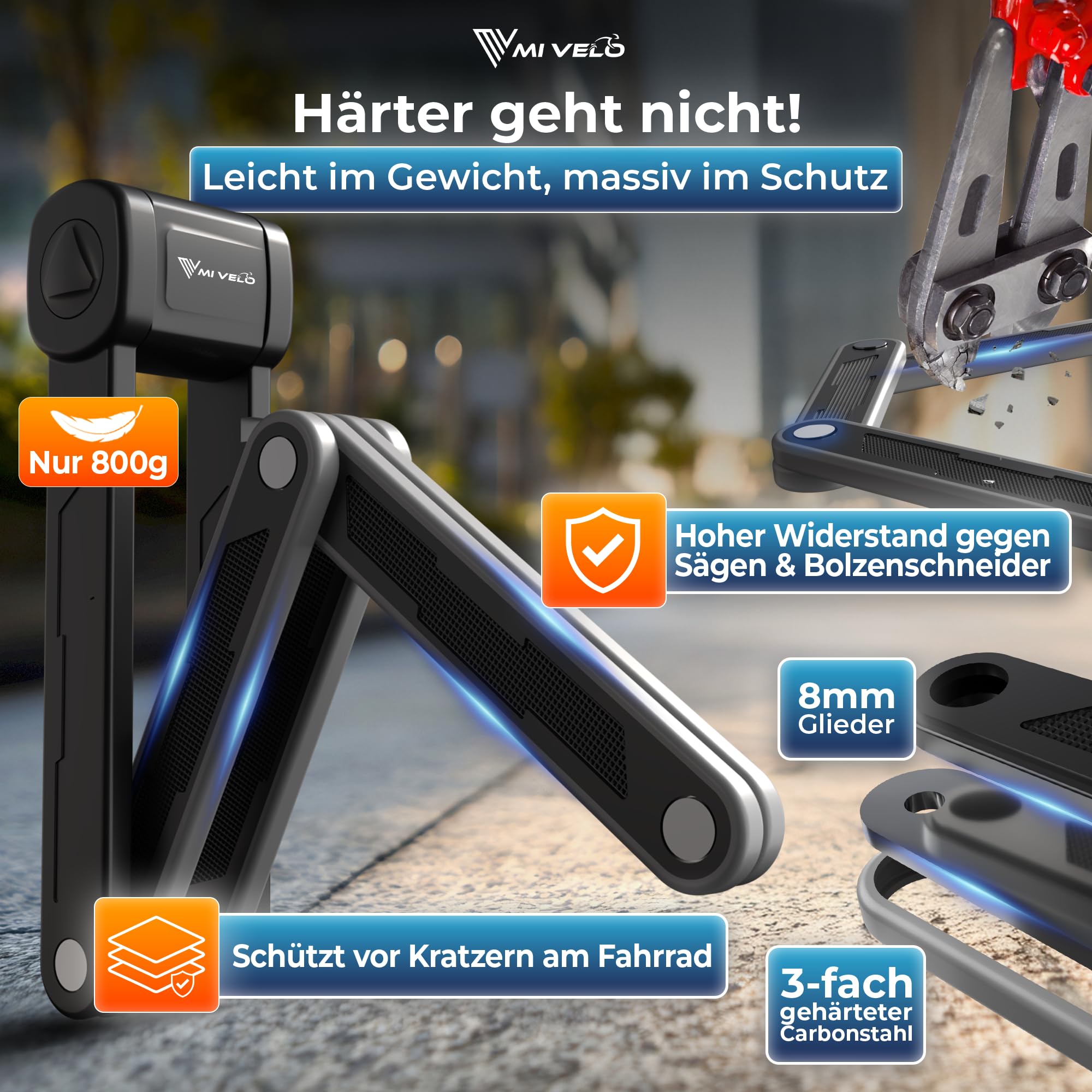 MIVELO Fahrradschloss Faltschloss hohe Sicherheit 85cm lang I Fahrrad Schloss mit Schlüssel inkl. Halterung I Ideal für E Bike, MTB & Rennrad I Bike Lock (Schlüssel, 85 CM) Sport &