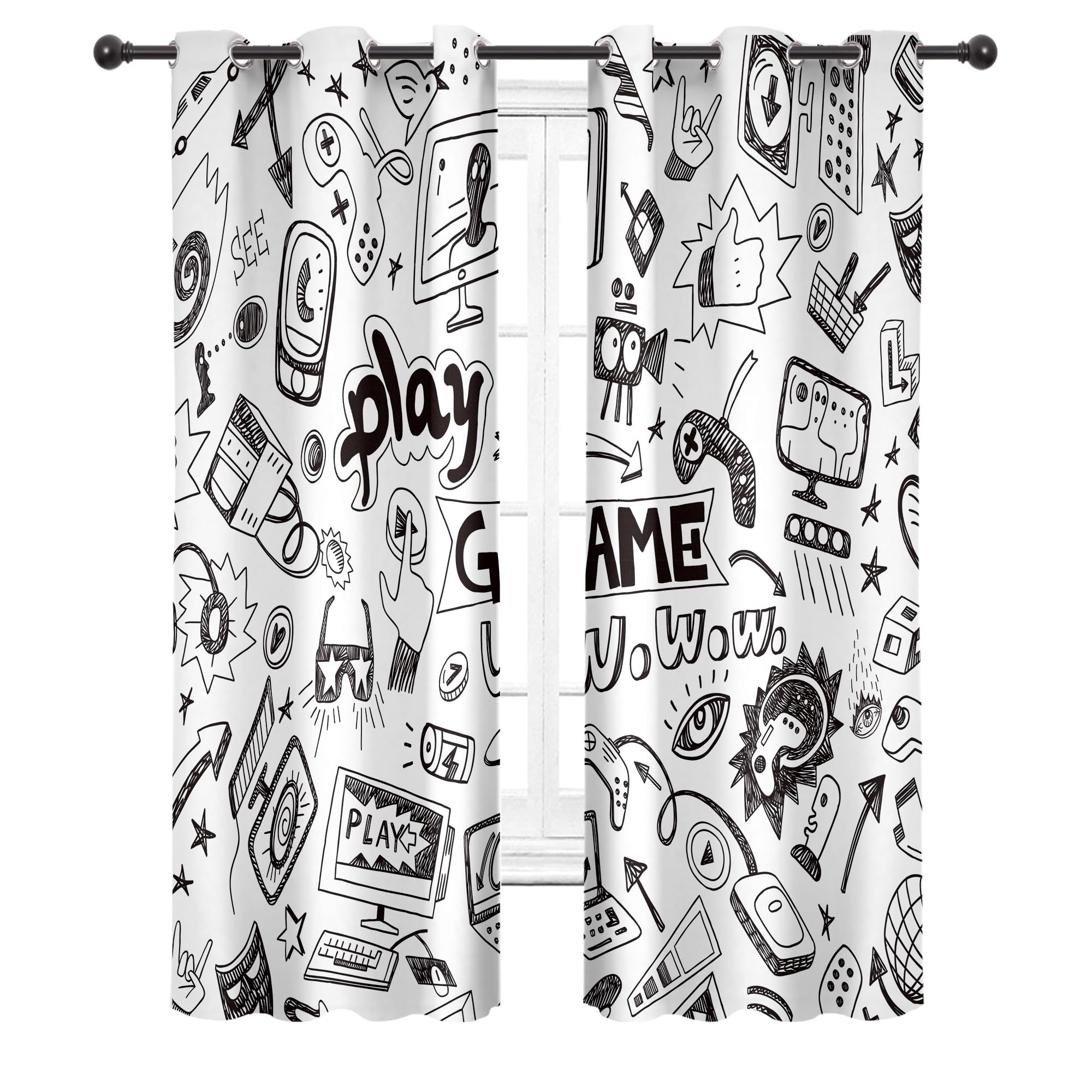 Cinbloo Kids Video Games Blackout Curtains 29W x 63L Inch Black White Gaming Curtains Teen Boys Bedroom Decor Gamer Theme 90's Cool Art Printed Living