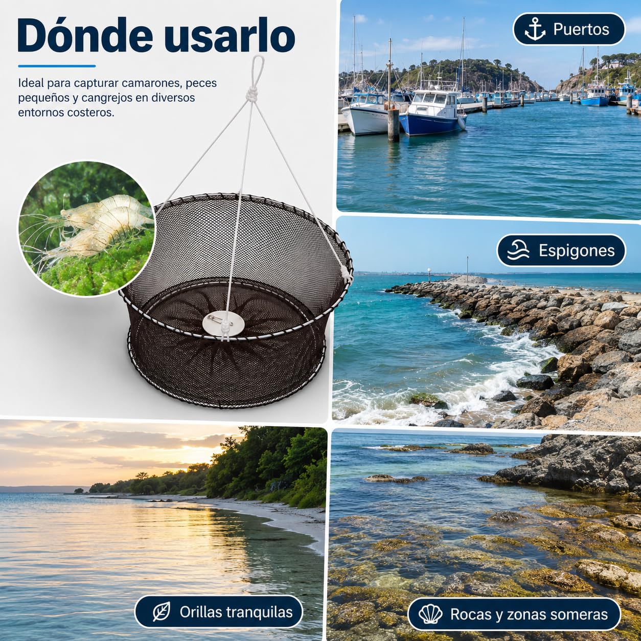 Pack 4 Reteles para Quisquillas y Camarones de Agua Salada | Doble Aro Metálico de 40 cm con Lastre e Imperdible malla 4 mm Agua Salada