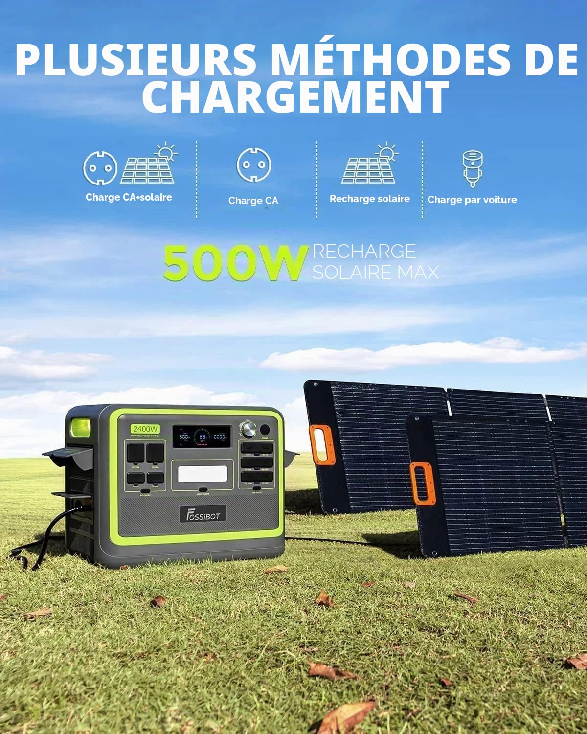 FOSSiBOT F2400 Lifepo4 Générateur solaire portable 2048 Wh 2400 W (crête 4800 W) 230 V 3 CA Sortie 230 V 3 AC Charge super rapide pour groupe électrogène de secours, alimentation domestique, camping
