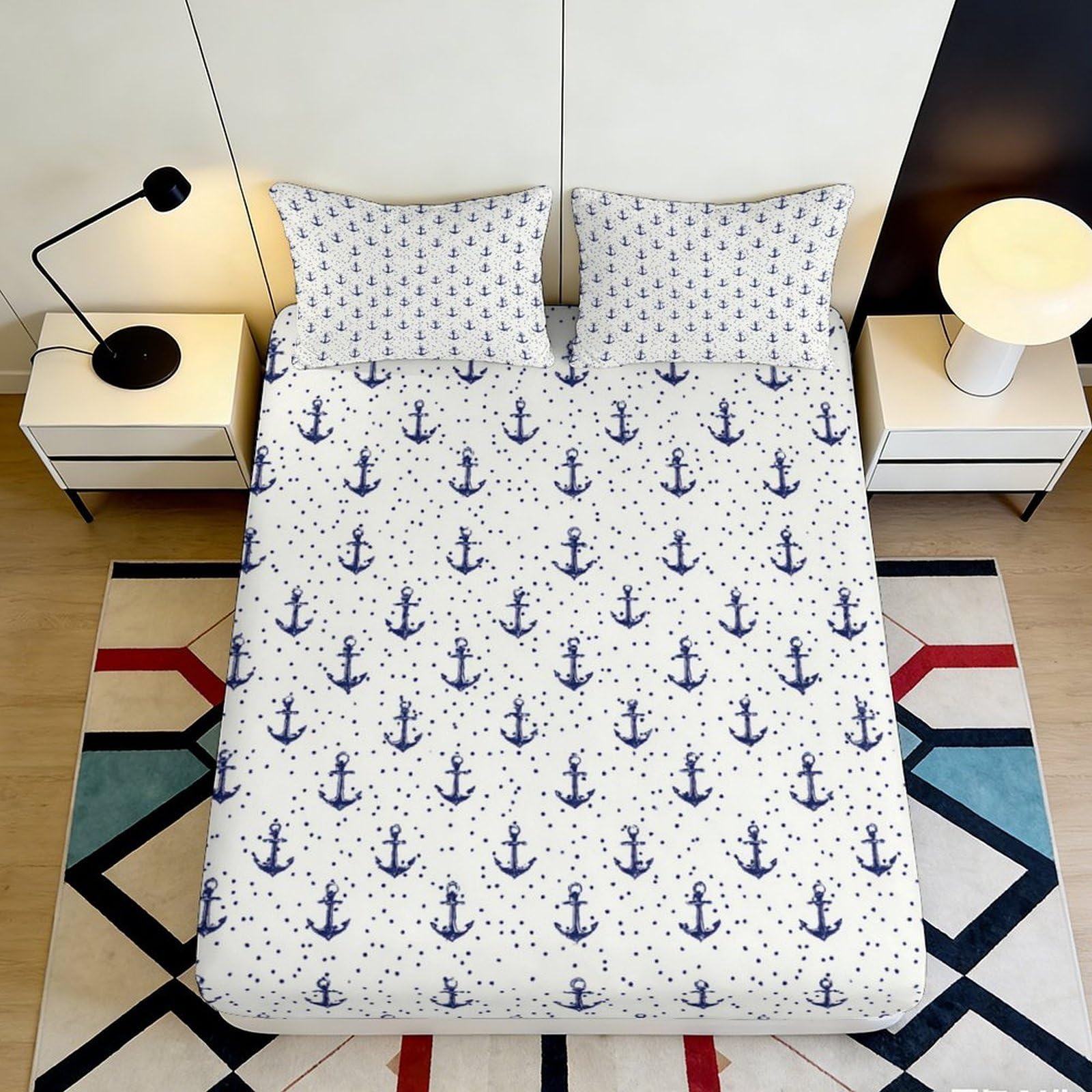 3D Printed Nautical Anchor Fitted Sheet Deep Pocket Microfiber Bedding Non-Slip Anchor Mattress Fitted Cover Washable 160x200x25cm