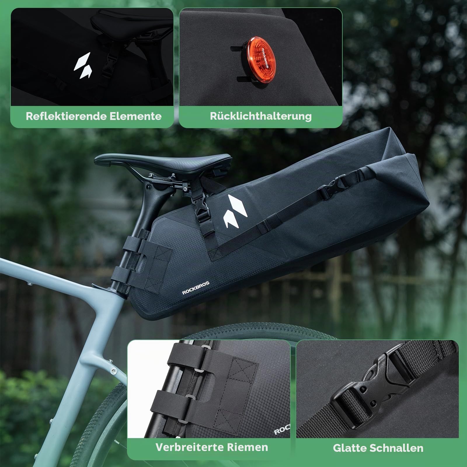 ROCKBROS Bikepacking Satteltasche 13L Wasserdicht, Fahrradtasche Sattel mit Halterung, Fahrrad Sitztasche aus Polyester, Reflektierender, für Rennrad, MTB und Gravelbike
