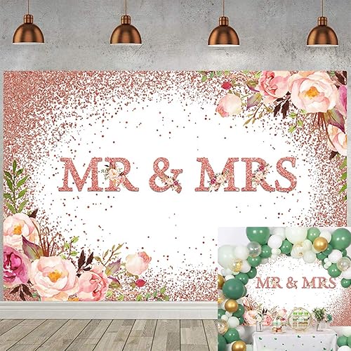 Miniatura 3 de Telón de fondo de boda de 5 x 4 pies con texto en inglés "Mr and Mrs Bridal Shower Fotografía", flores de oro rosa rosa con flores de novia para