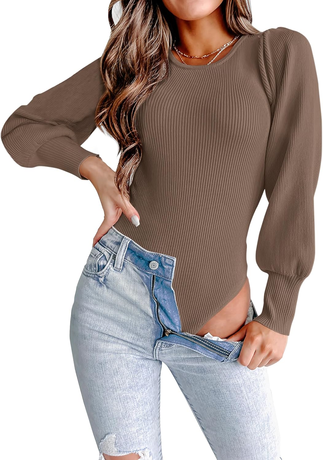 MASCOMODA Long Puff Sleeve Sweaters for Women 2026 Spring Winter Crewneck Knit Ribbed Bodysuit Pullover Tops