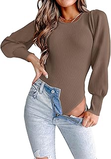 MASCOMODA Womens Puff Long Sleeve Bodysuits Ribbed Sweater Tops