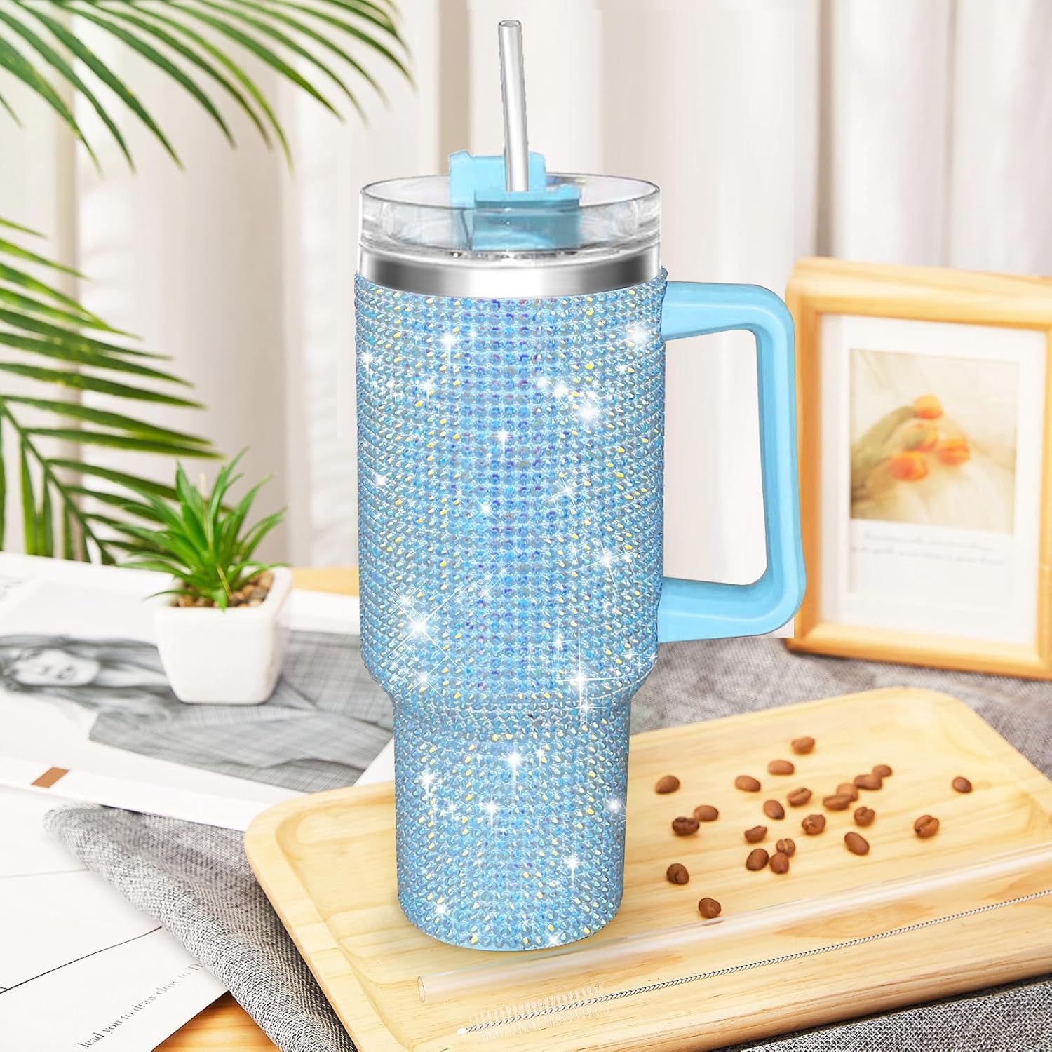 40oz Tumbler with Handle-Glitter Rhinestones Tumbler Bling Cups Stainless Steel Water Bottle Diamond Studded Tumbler for Women-Birthday Gifts for Women, Mom, Girlfriend (40 oz, Turquoise) - Image 4