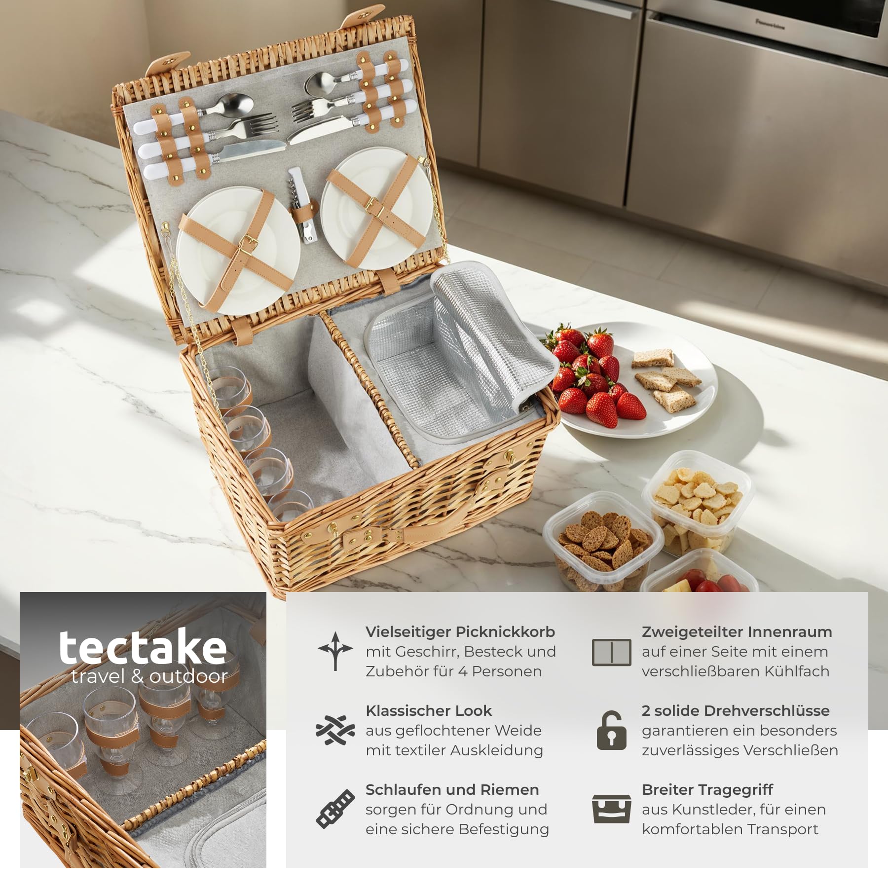 tectake® Picknickkorb 4 Personen, inkl. Kühlfach, befüllter Picnic Basket Weidenkorb für Ausflug, Camping, Dinner Date, Picknickkorb mit Deckel, als Geschenkkorb, Rotkäppchen Korb - Föhr
