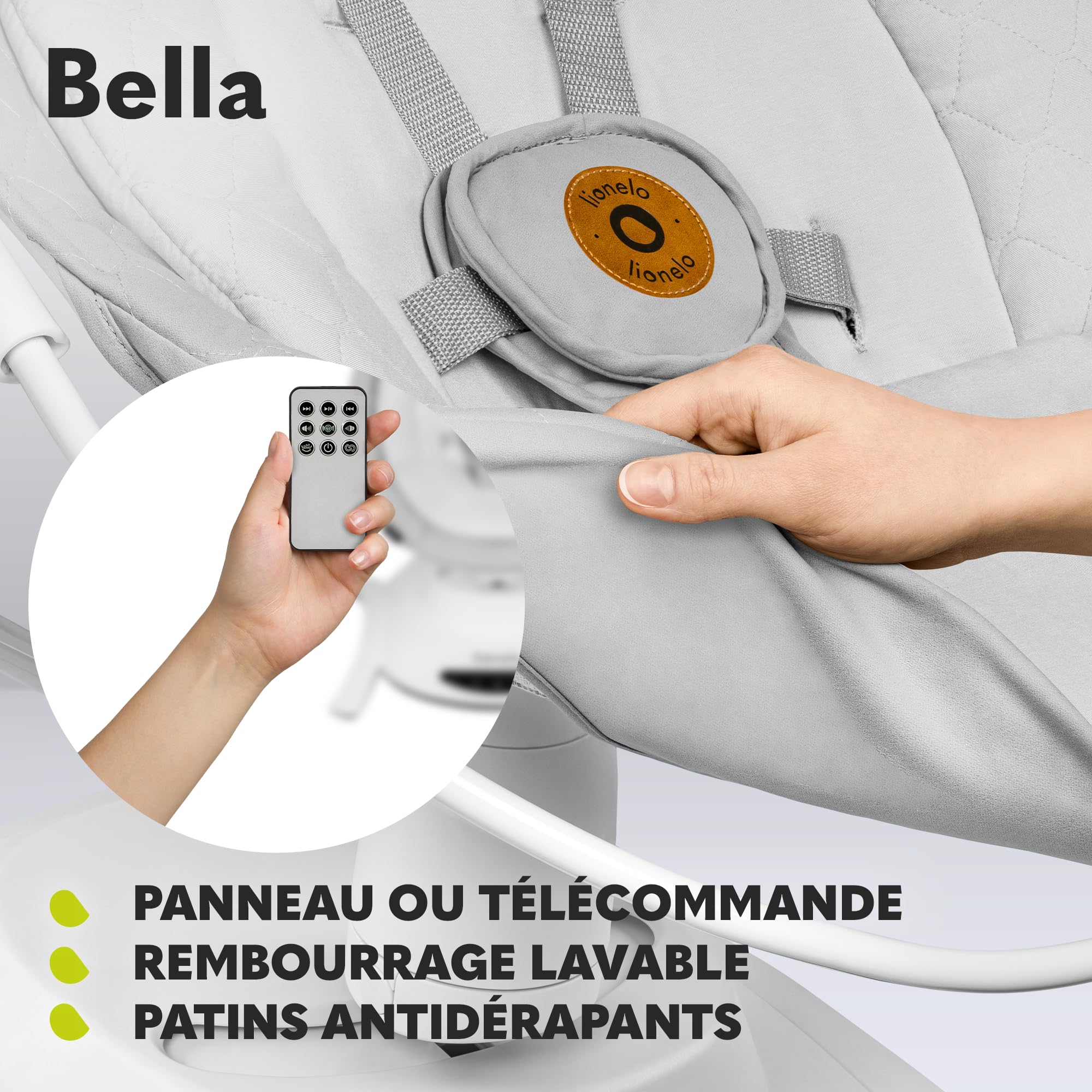 LIONELO Bella Balancelle Bebe Electrique Pivotante à 360° pour les Bébés jusqu'à 9 kg, Dossier Réglable, 5 Vitesses de Balancement, Ceintures de Sécurité, Détection de Mouvement, Antidérapante