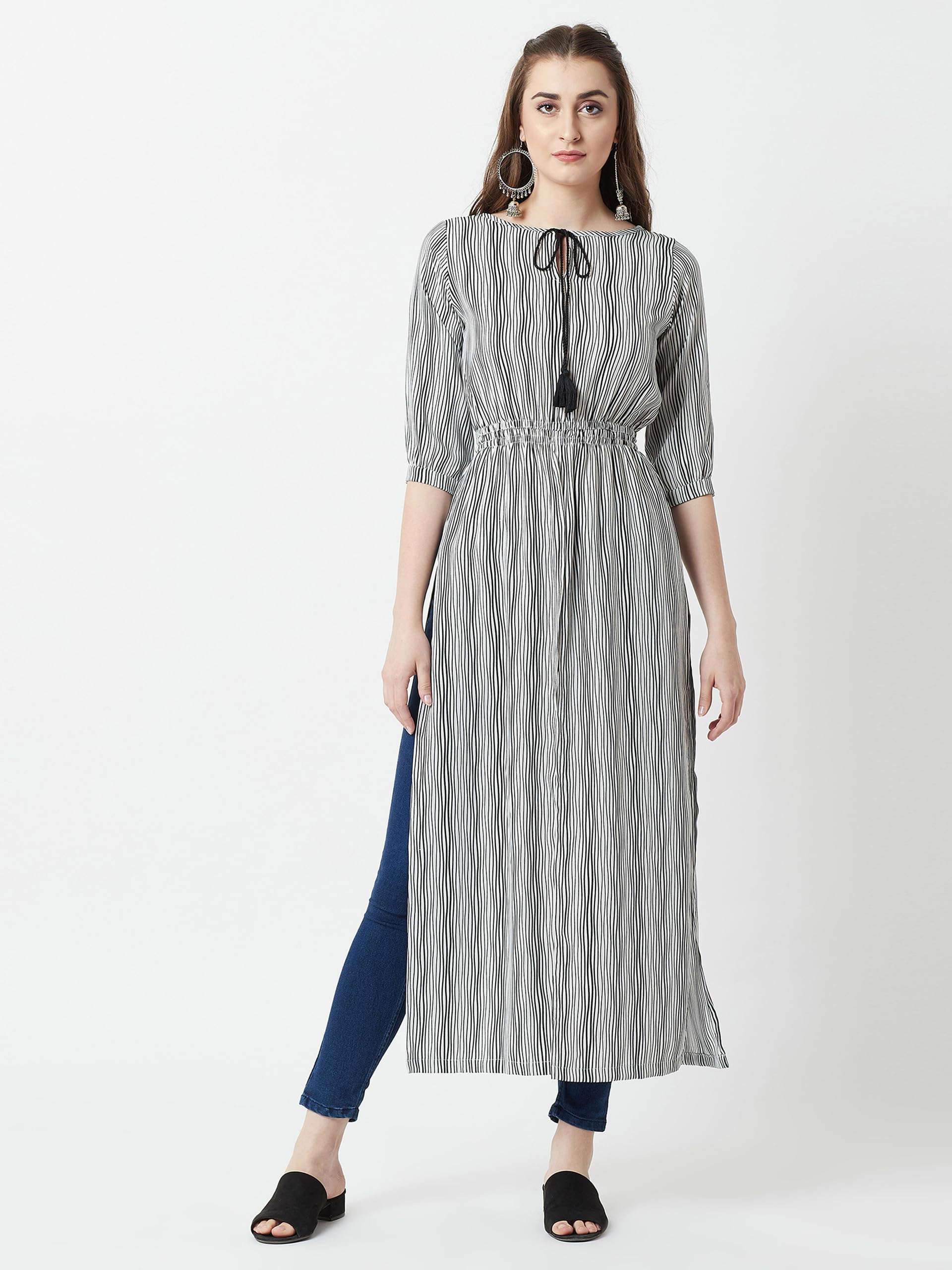 Womens Round Neck Floral Tie-Up Tassel Detailing Front Slit Maxi Top 3/4 Sleeve Dress