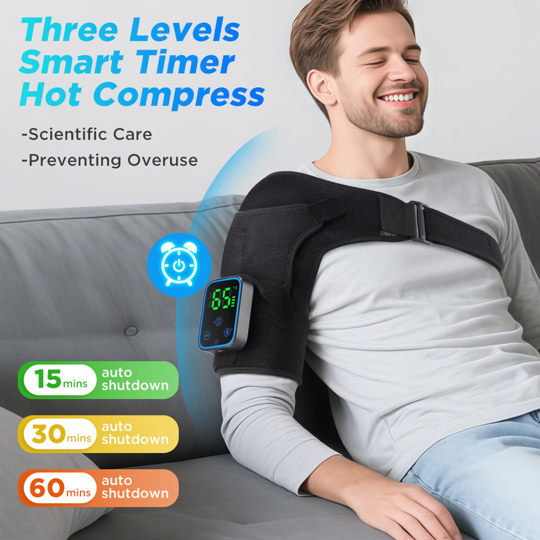 Cuscinetto riscaldante per spalle con massaggio, 5000 mAh, tutore per spalla per uomini e donne, riscaldamento rapido, fascia regolabile per alleviare il dolore, nero