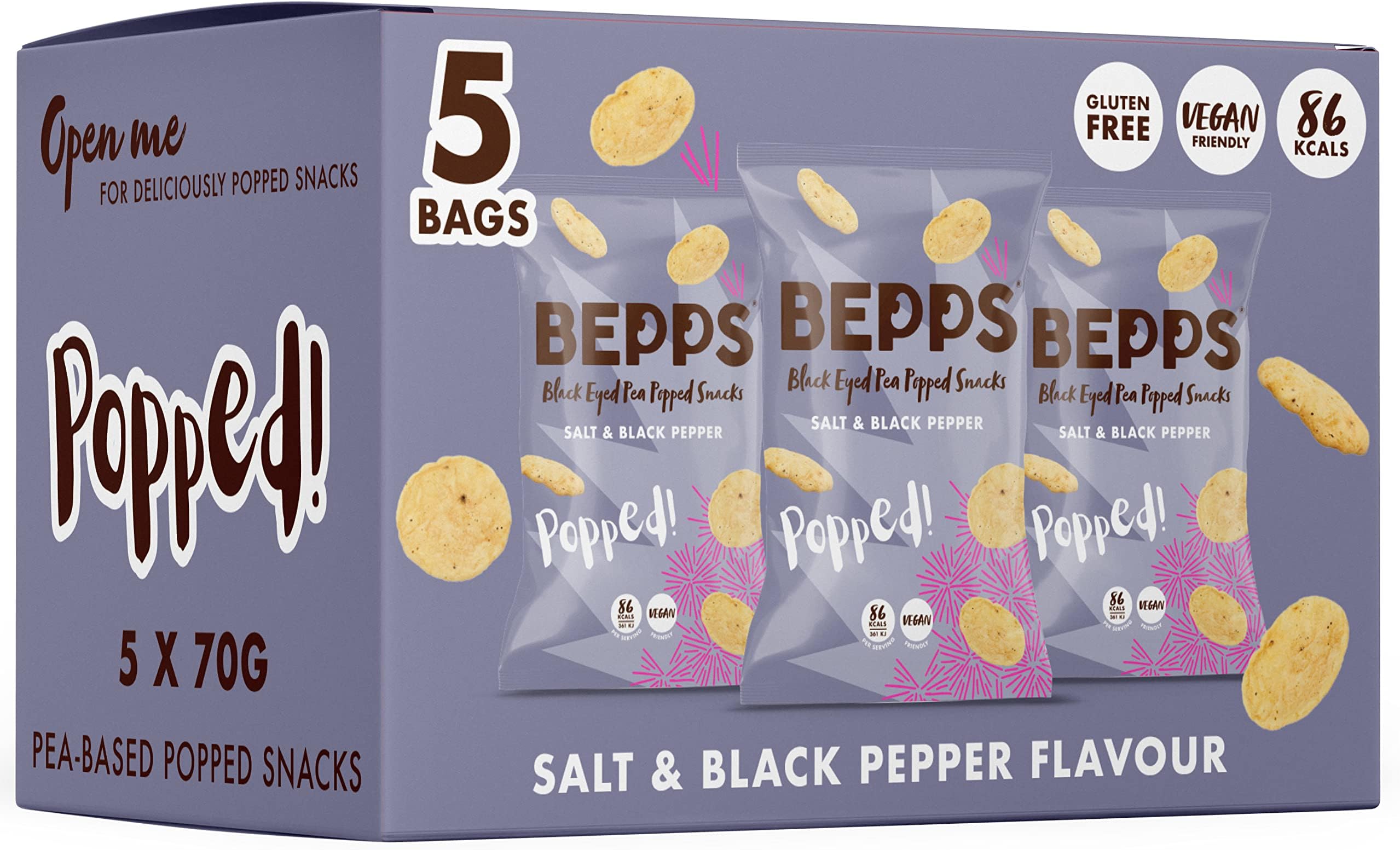 BEPPS - Healthy Snacks Low Calorie Crisps Vegan & Gluten Free - Salt & Pepper Popped Chickpea Crisps Multipack (5 x 70g Bags)