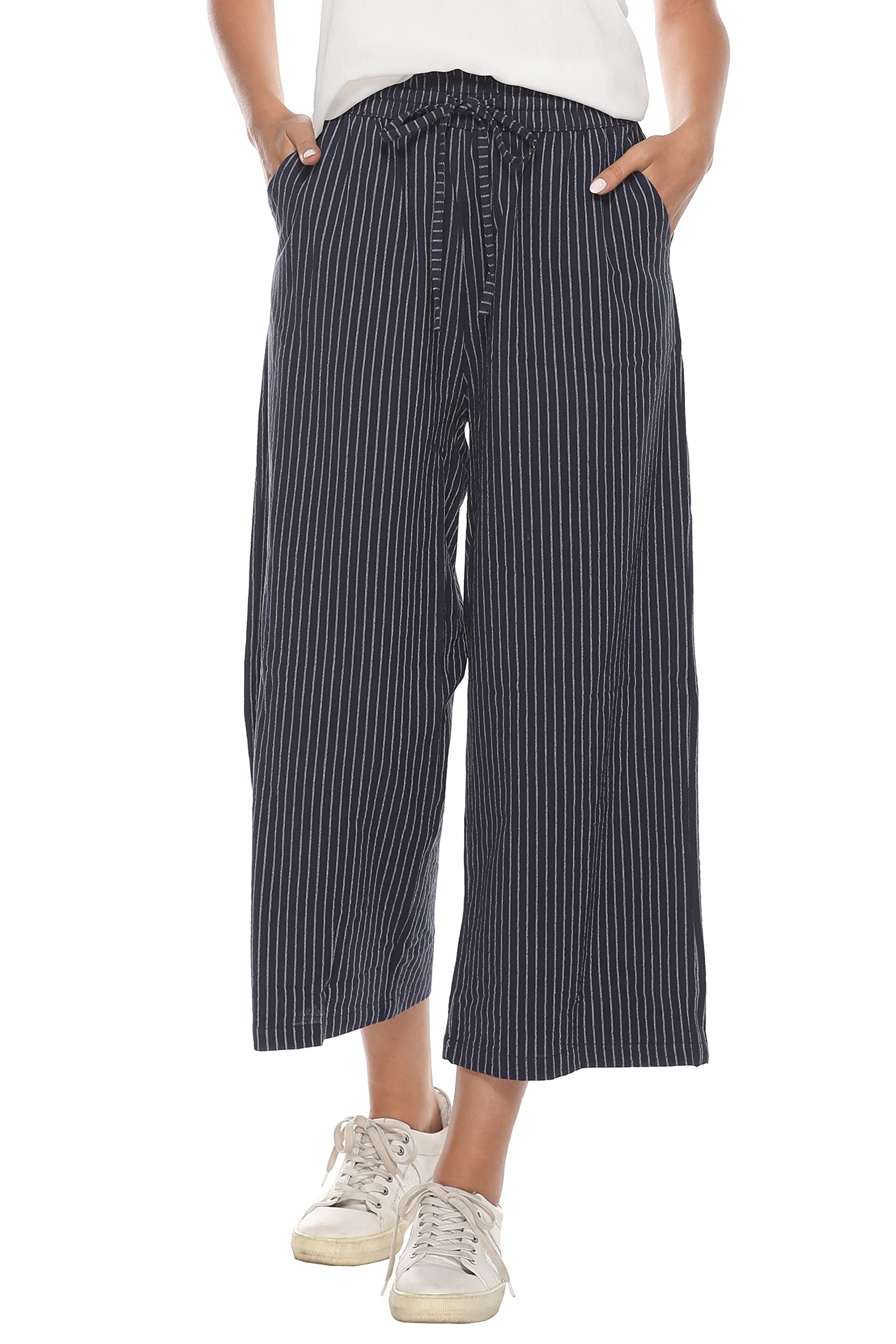 Womens Linen Wide Leg Pants High Waisted Drawstring Baggy Loose Beach Pants with Pockets