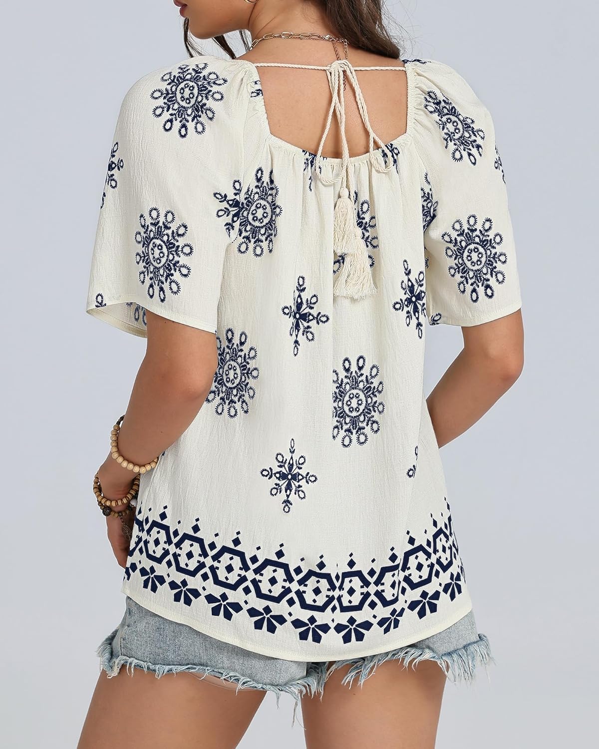 Womens Summer Boho Tops Floral Print Square Neck Loose Fit Blouses Tunic Casual Beach Vacation Shirts - Image 2