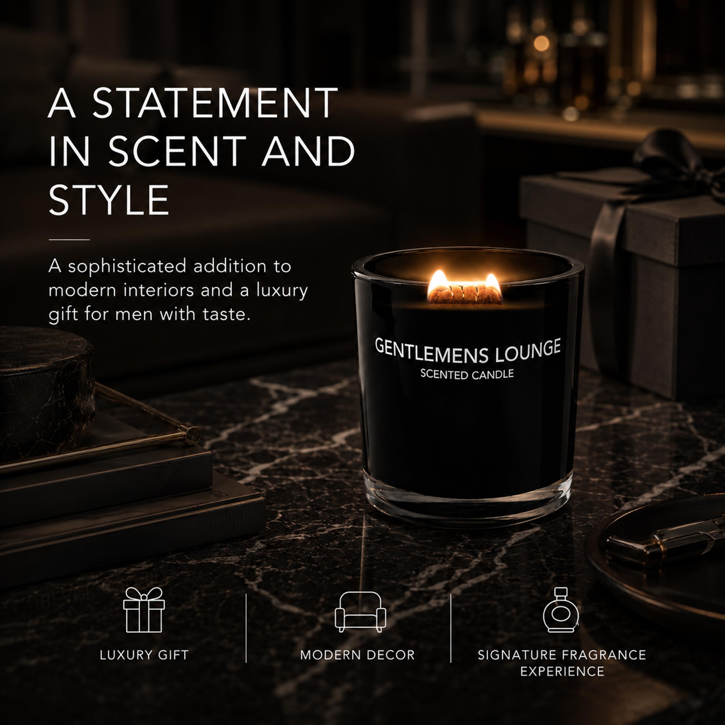 Jeremy Fragrance Kerze Gentleman Lounge | Premium Duftkerze im Glas mit Holzdocht | lange Brenndauer | Schwarz | exquisit und mit lebendigem Guajaköl | Zedernholz, Patschuli, Eukalyptus