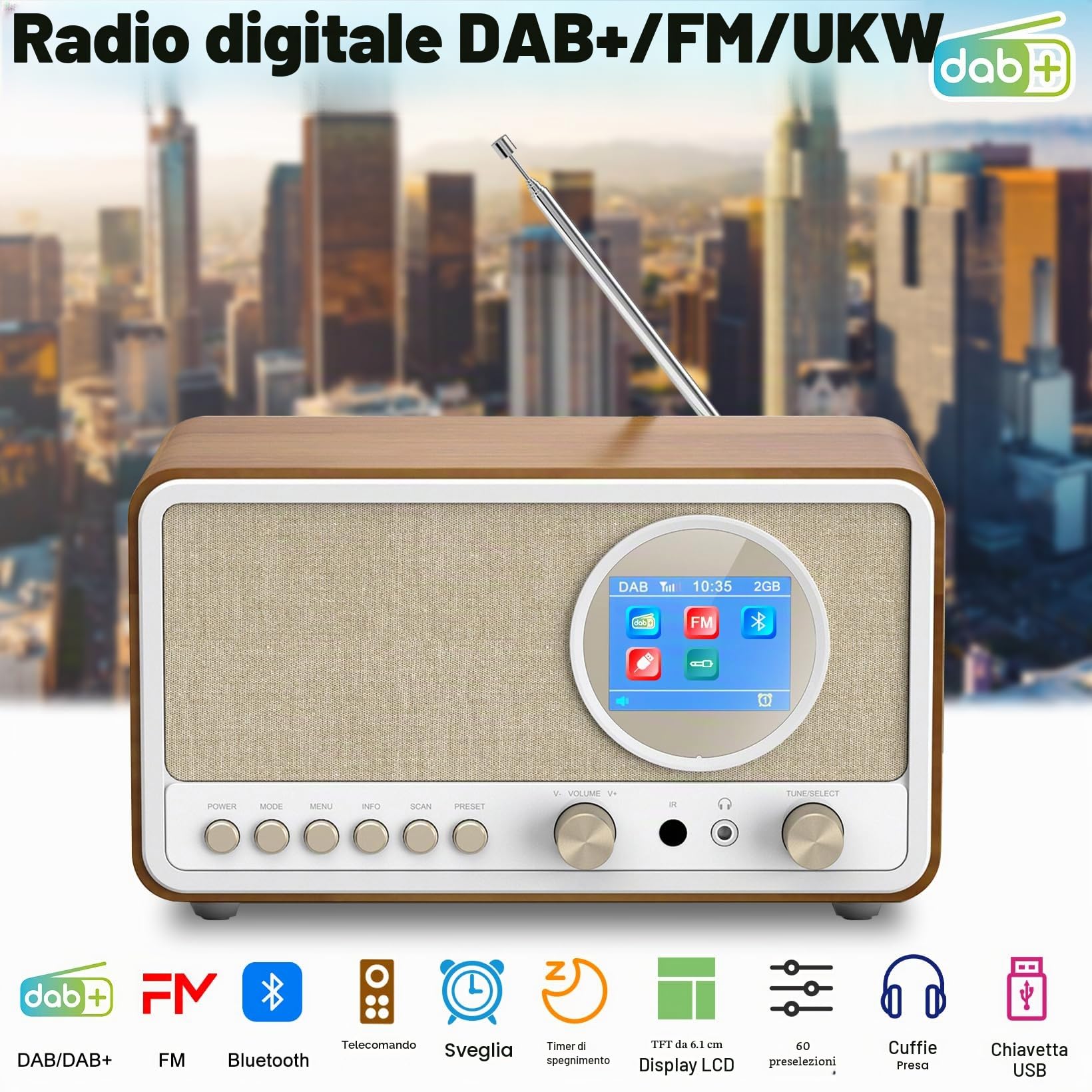 DAB+/FM Radio con Bluetooth, Radio DAB Plus, radio digitale da cucina, r adio con telecomando,Radi o da cucina, radiosveglia con funzione sleeptimer, allarme snooze – USB/Aux-In (Bianco)