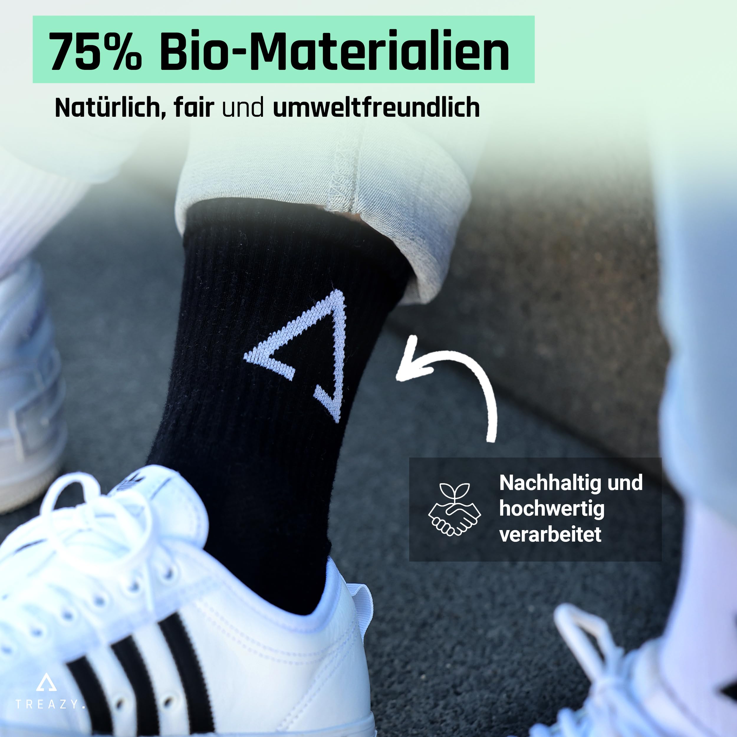 TREAZY Tennissocken Crew Socks aus Bio-Baumwolle – Schweiß und blasenfrei dank extra Lüftungskanälen sowie anatomischer Passform – besonders langlebig
