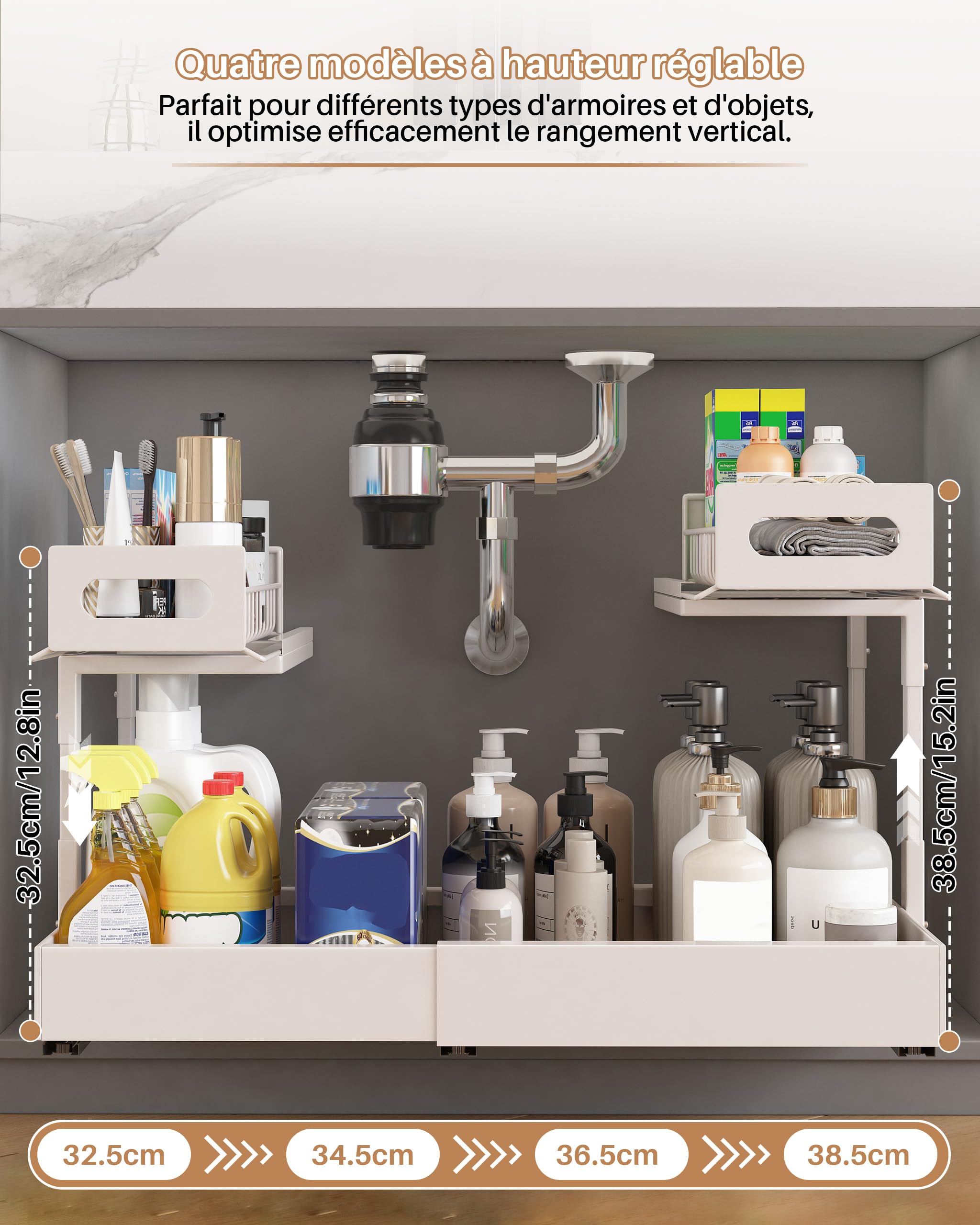 Rangement sous Évier en Métal, 2 Niveaux Tiroir Coulissant Cuisine pour Placard Meuble Cuisine Salle Bain, Réglable en Hauteur, Organiseur Extensible pour Évier, Largeur et Hauteur Réglables