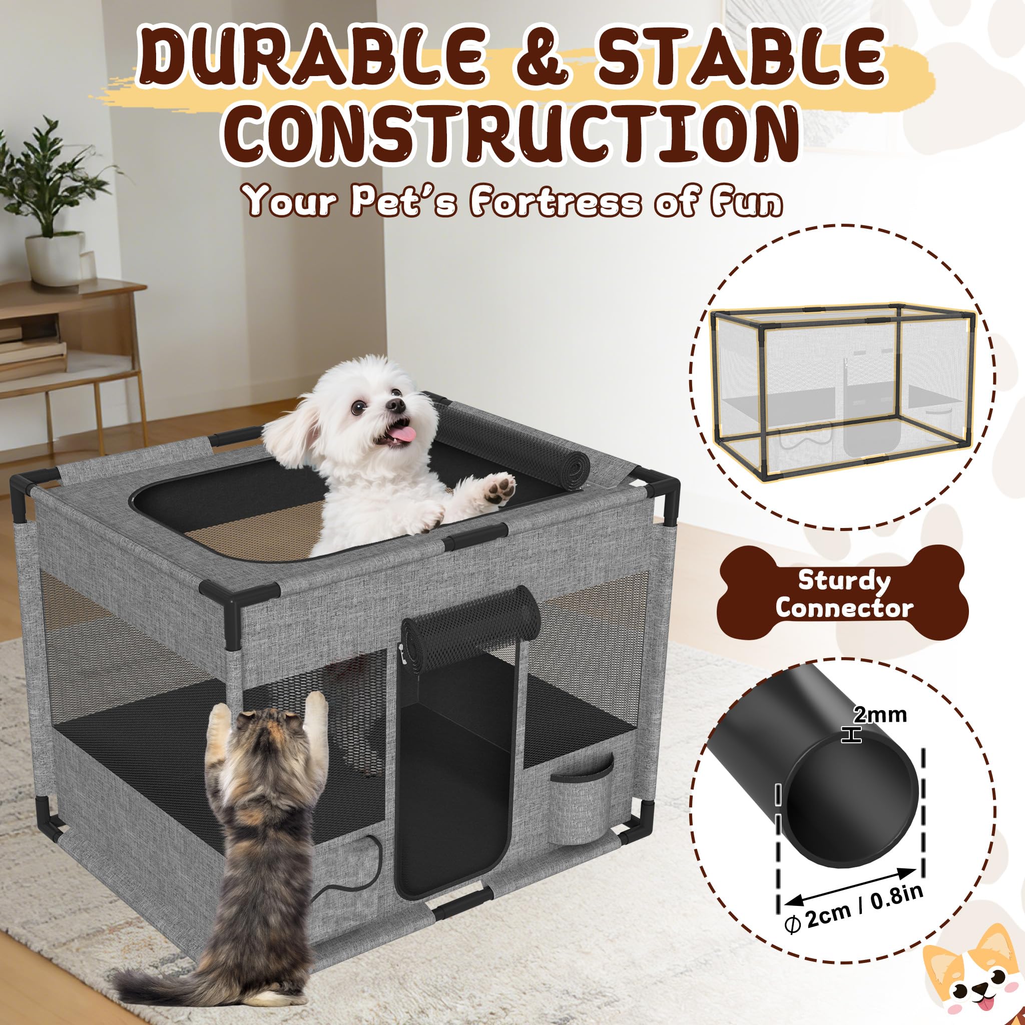 UISEBRT Recinto per cuccioli, in tessuto Oxford, rete traspirante con cerniera e tasca laterale, box per interni per cani e gatti, 85 x 65 x 64,5 cm, rettangolare