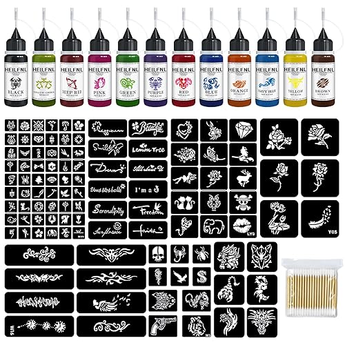 Temporary Tattoo Kit 12 Colors Temporary Tattoo Ink,111 Pcs Stencils