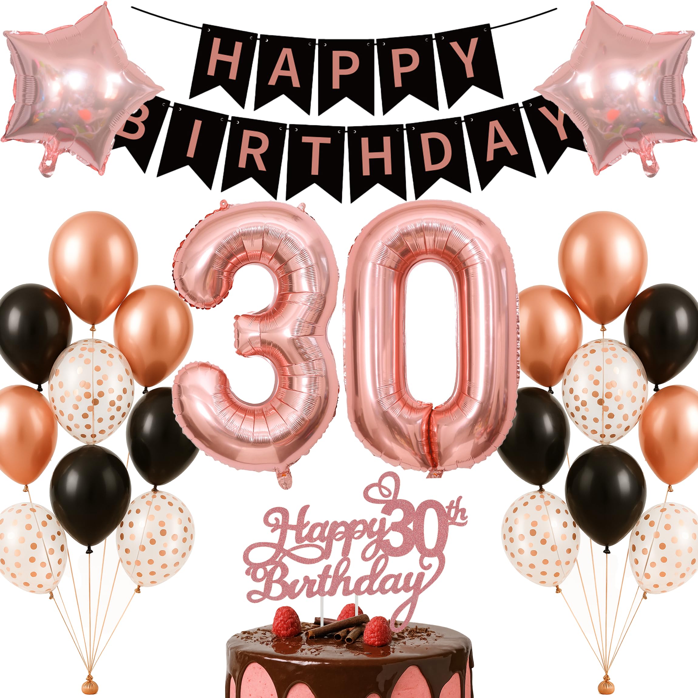 30th Birthday Decorations Set Rose Gold Black Theme Happy Birthday Banner Balloon Decor Photo Backdrop for Women Men Adults Turning 30 Age 30 Milestone Age Party Supplies Celebration Decor Bunting Set