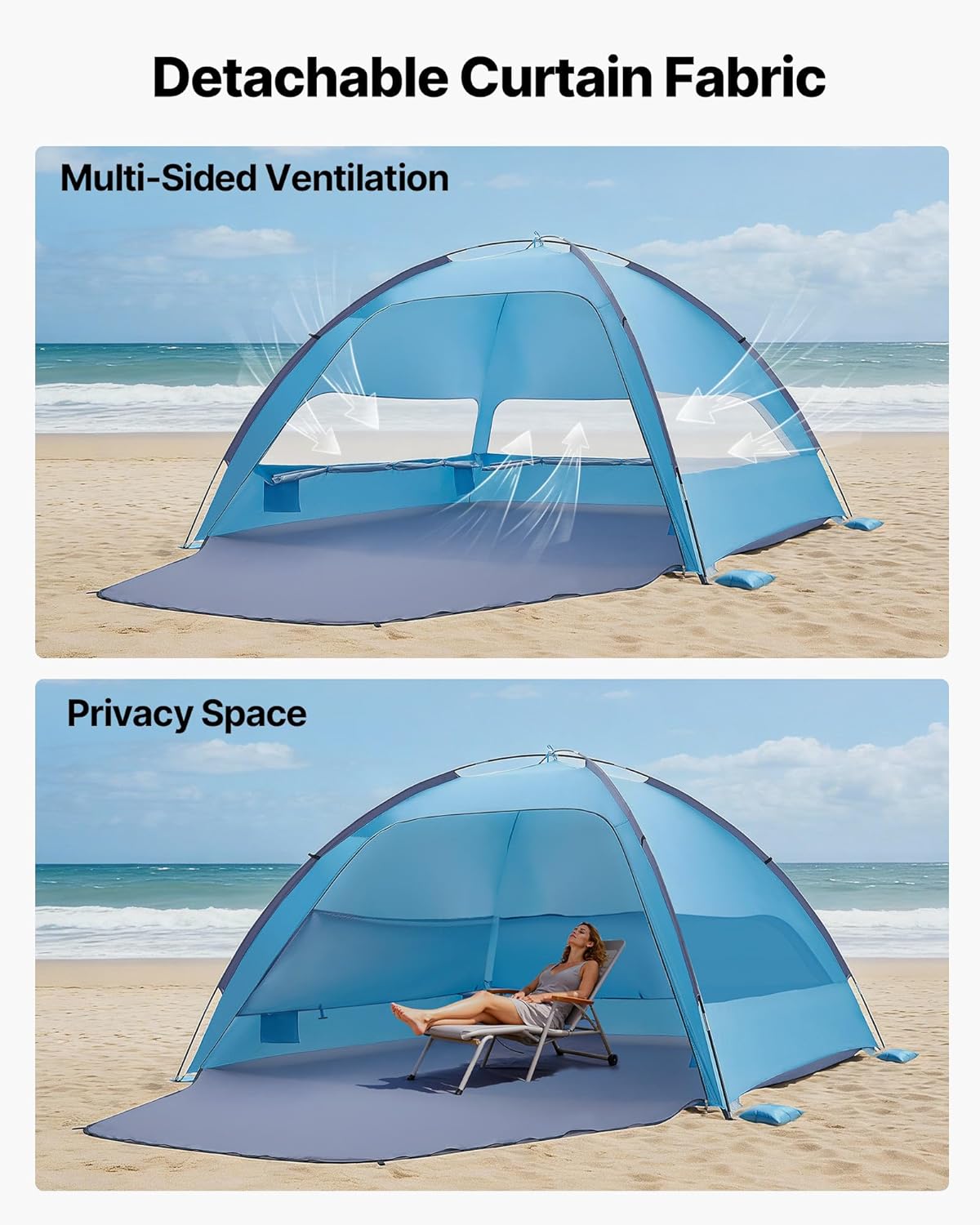 VEVOR Beach Tent Sun Shelter for 6 Person, UPF 50+ Protection, Portable Sun Shade Beach with Carrying Bag & Sand Pockets, Lightweight and Easy Setup Beach Umbrella for Camping Fishing Outdoor Picnic