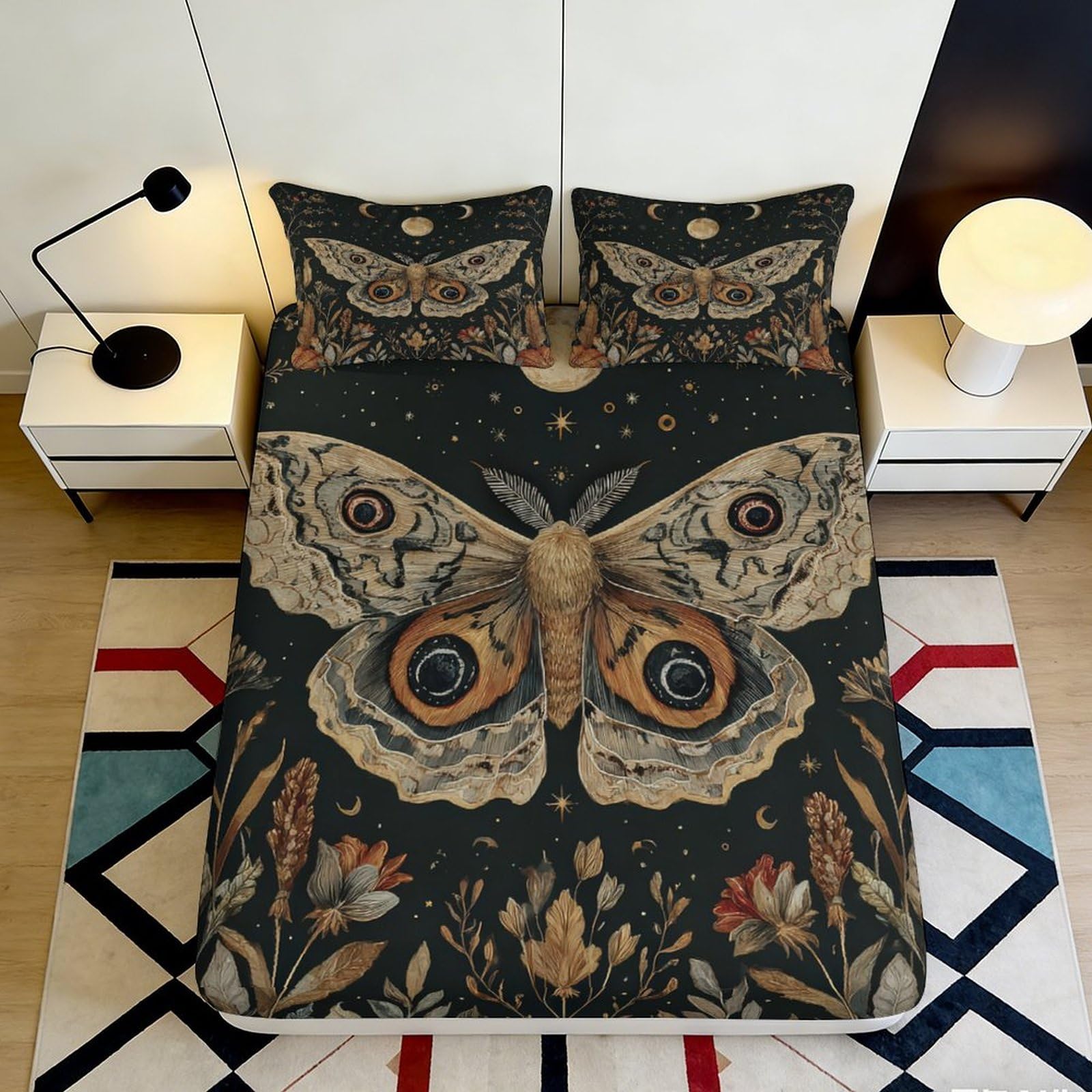 Dhbaneiok Style-1 3D Printed Vintage Moth Fitted Sheet Microfiber Soft Anti-Slip Gothic Butterfly Mattress Cover For Bedroom Decor 90X200x25cm