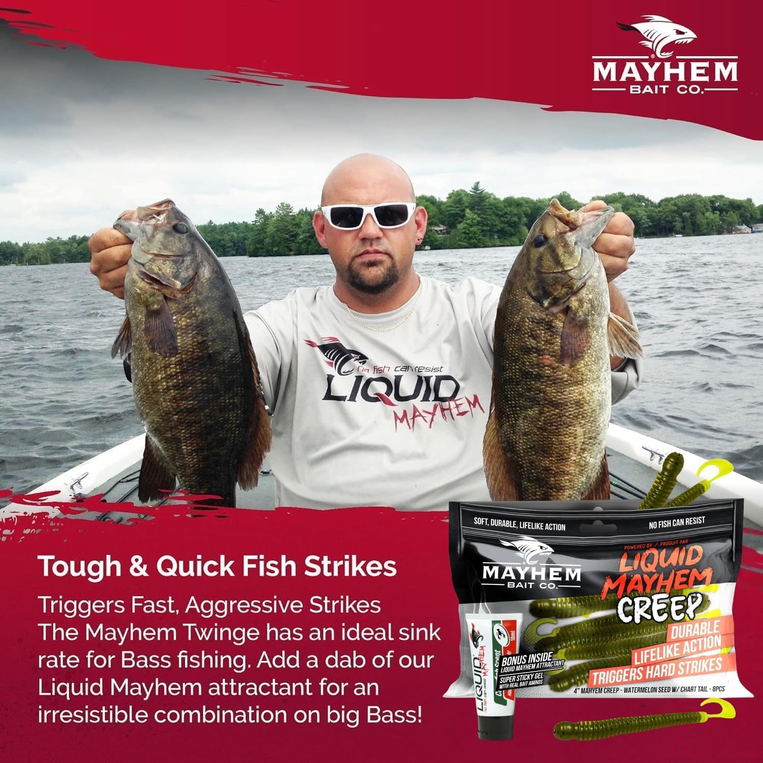 Liquid Mayhem Creep 4” – Soft Plastic Lures for Bass & Walleye with Lifelike Action – Easy to Rig – Includes Bonus 10ml Attractant – 8 Baits Each Pack