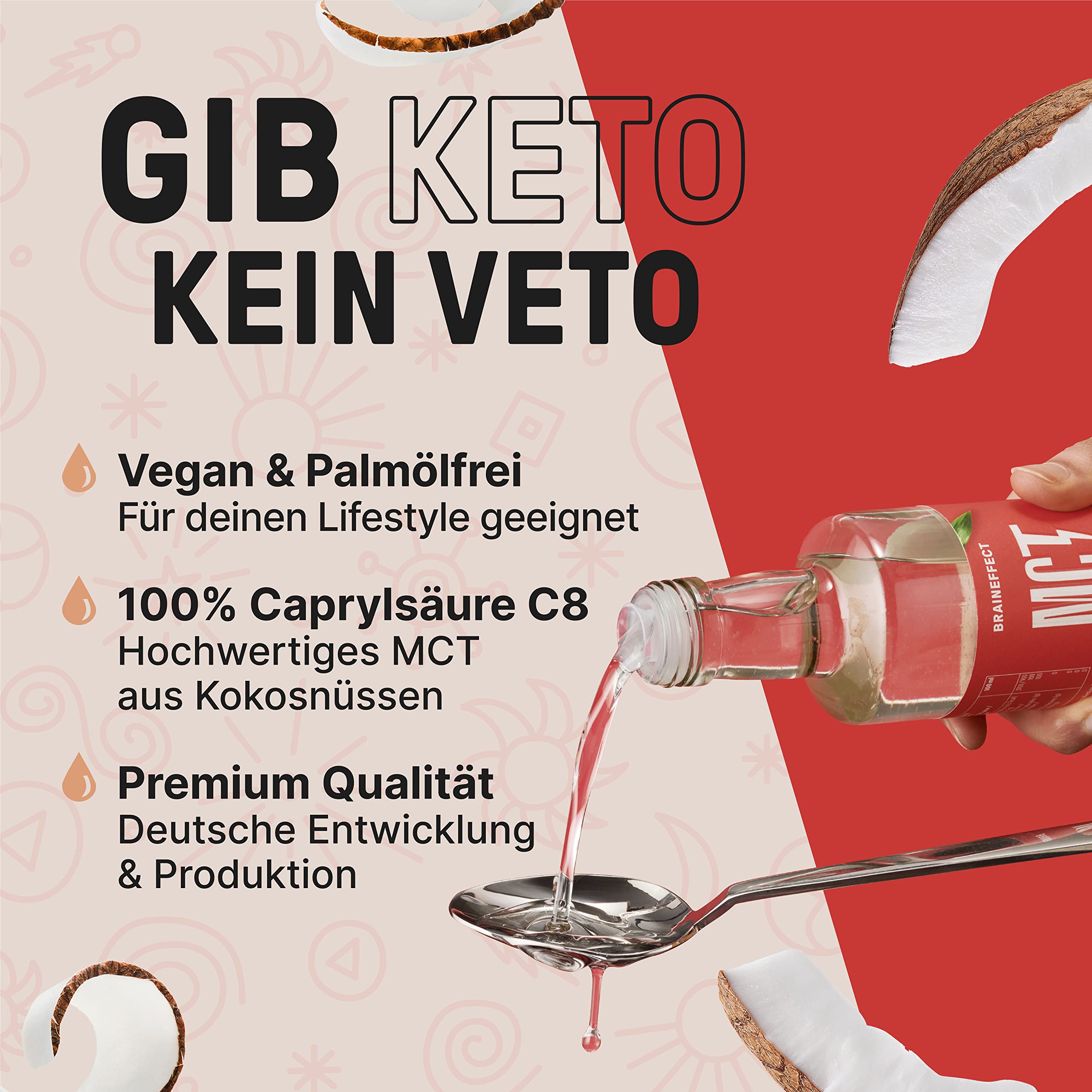 BRAINEFFECT MCT-Öl C8 - Bildet 300% mehr Ketone als andere MCT-Öle (100% C8) - Ketogene Ernährung - Reiner Extrakt aus Kokosnussöl - Ideal für ketogene Diät & Bulletproof Coffee