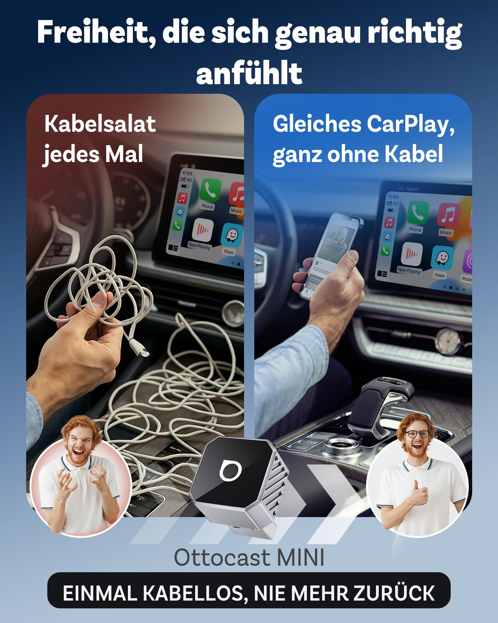 OTTOCAST Mini Pot, 2026 Upgrade Wireless CarPlay & Android Auto Adapter, Plug & Play, WLAN 2.4G+5G, Automatische Verbindung, Kompatibel mit Autos ab 2016 mit kabelgebundenem CarPlay/AA (Silber)